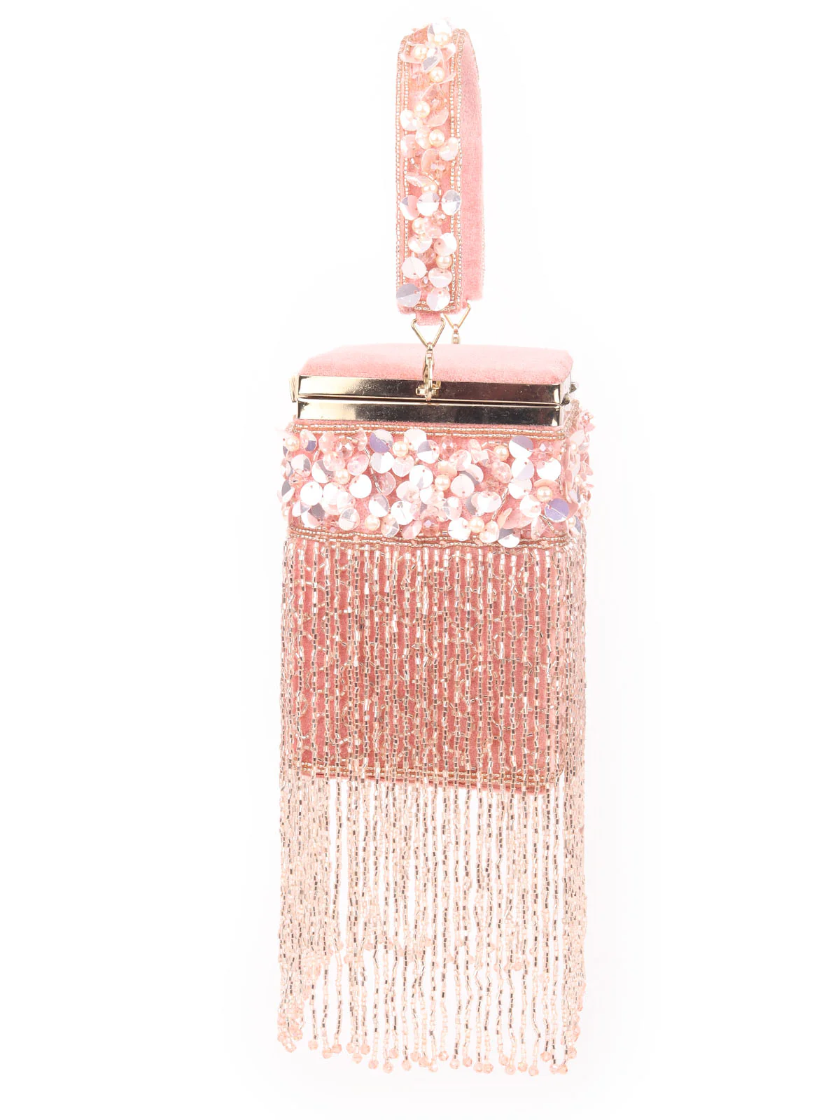 Odette Peach Velvet Beads Embellished Tasseled Clutch For Women - Image 5