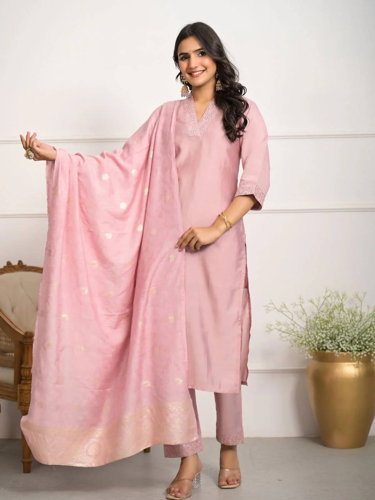 Odette Peach Viscose Chanderi Embroidered Stitched Kurta Set For Women