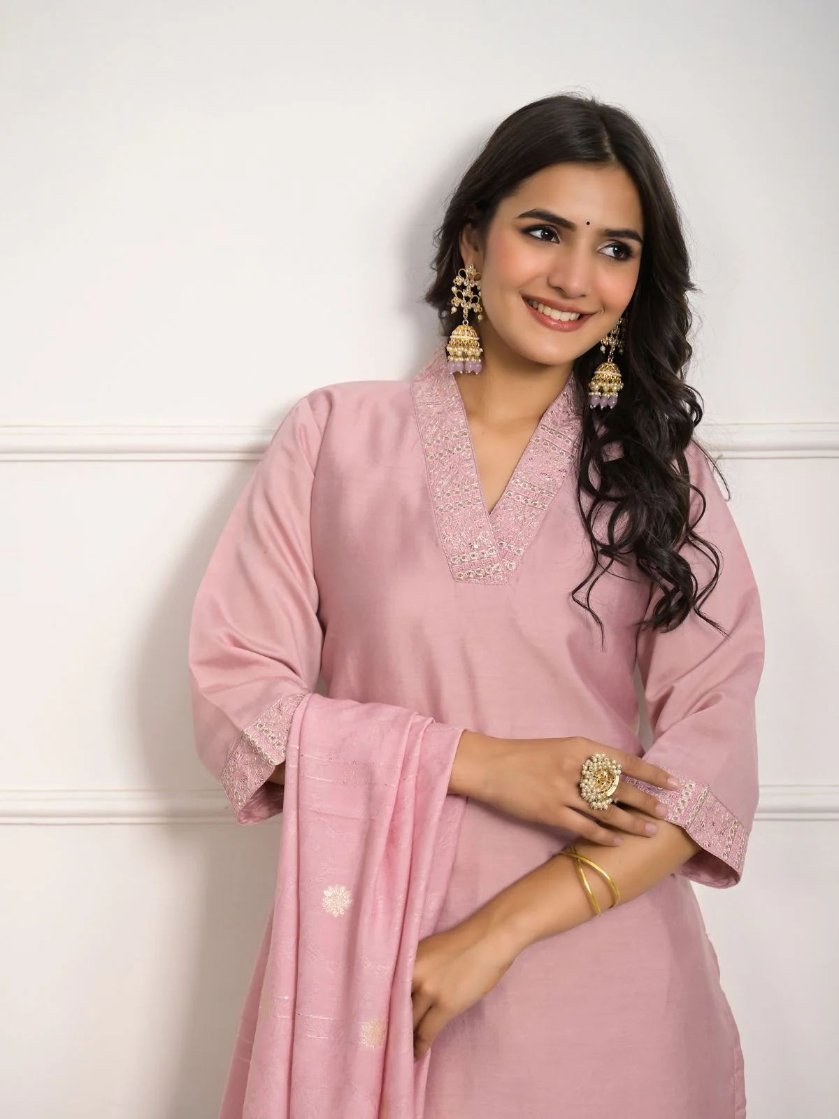 Odette Peach Viscose Chanderi Embroidered Stitched Kurta Set For Women - Image 6