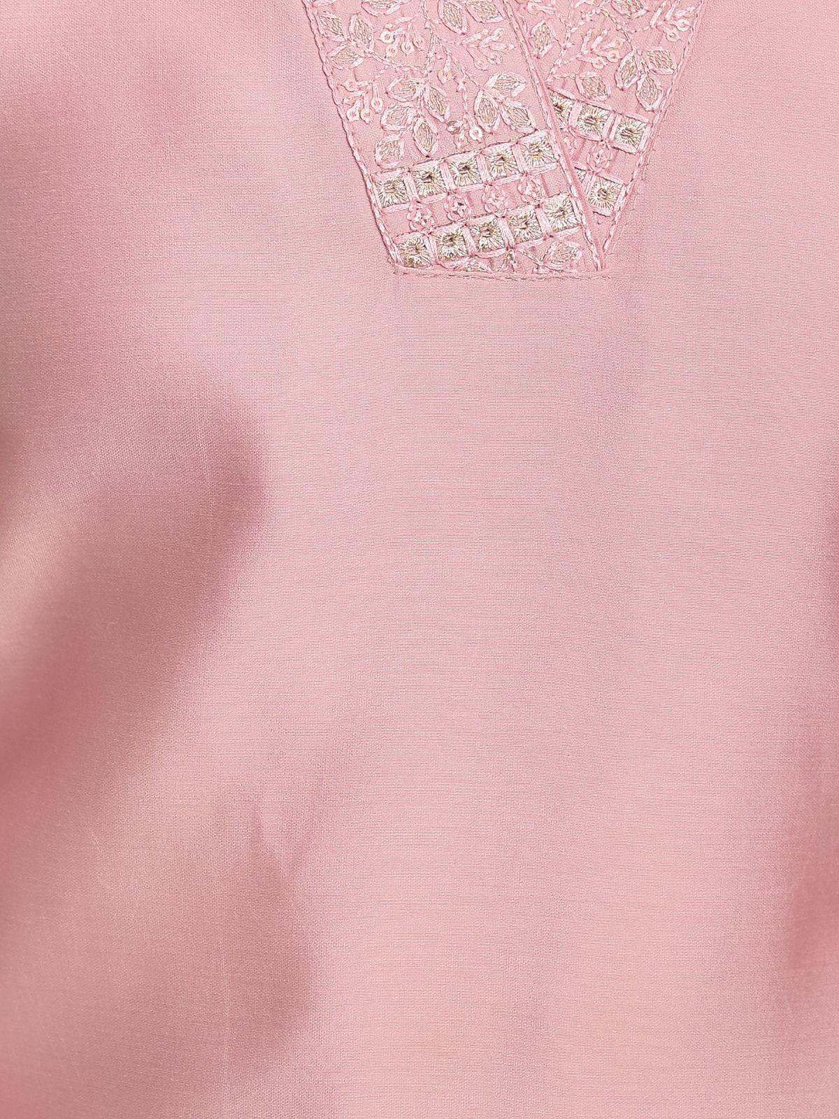 Odette Peach Viscose Chanderi Embroidered Stitched Kurta Set For Women - Image 8