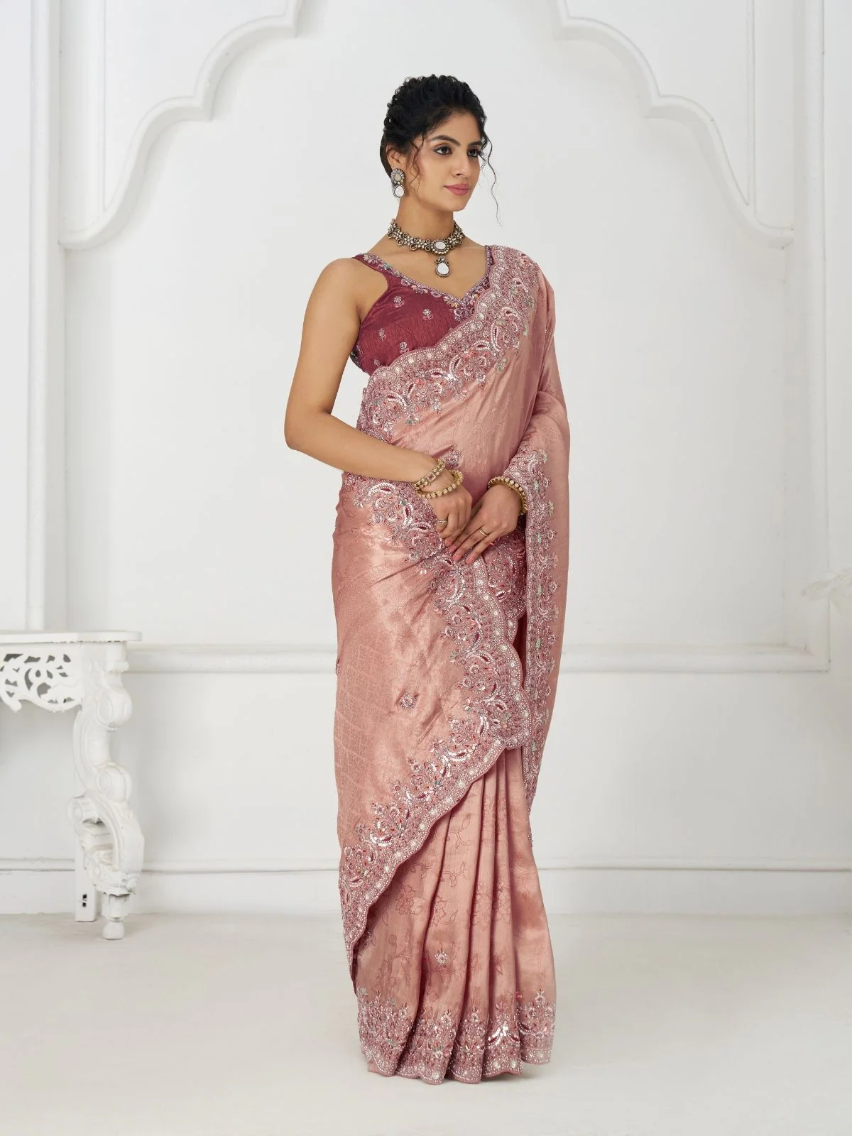 Odette Peach Viscose Silk Embellished Saree For Women - Image 2