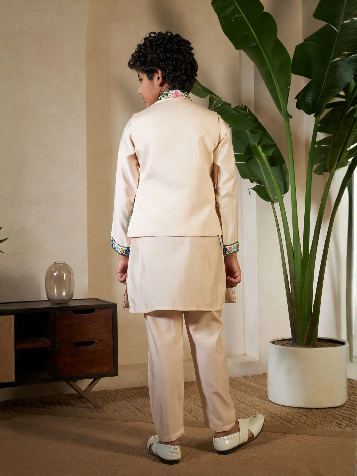Odette Peach Viscose Silk Embellished Stitched Kurta Set For Kids - Image 4