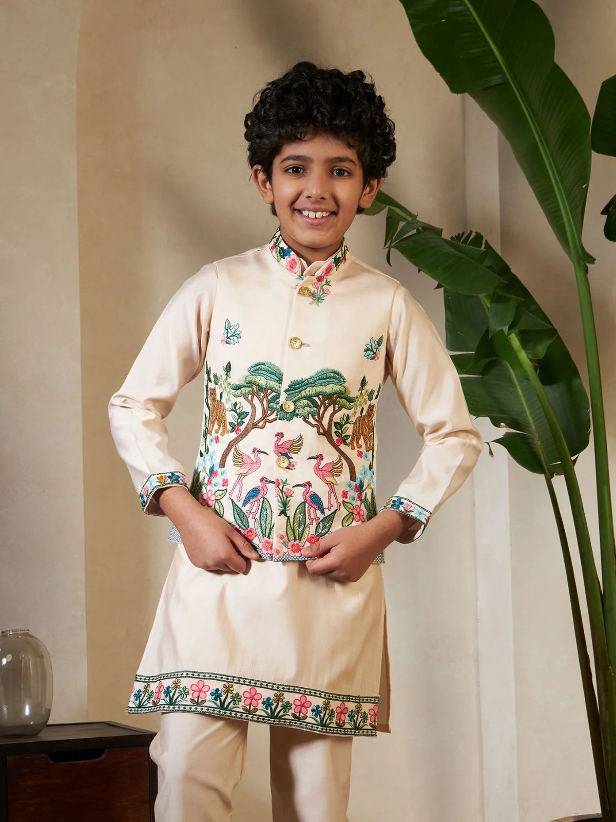Odette Peach Viscose Silk Embellished Stitched Kurta Set For Kids - Image 5