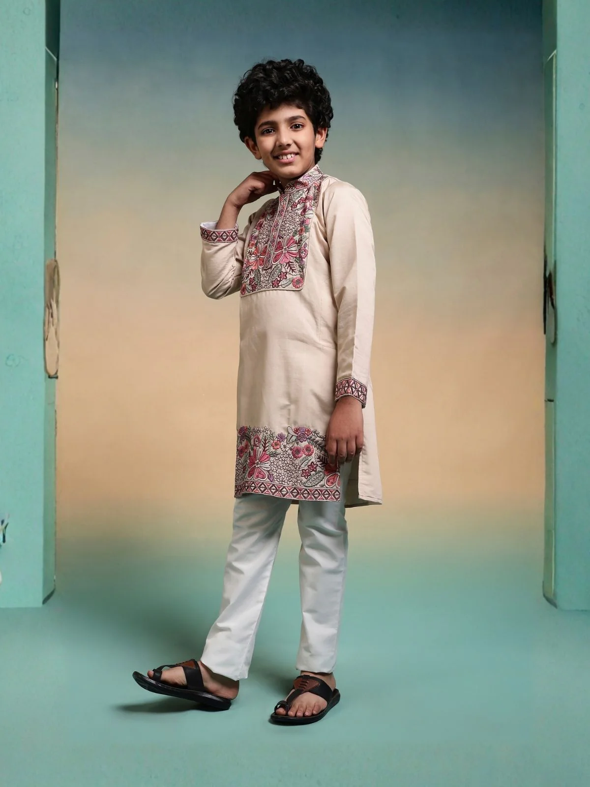 Odette Peach Viscose Silk Embroidered Stitched Kurta Set For Kids - Image 2
