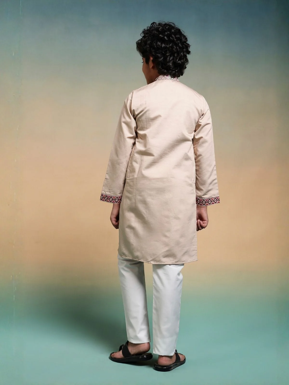 Odette Peach Viscose Silk Embroidered Stitched Kurta Set For Kids - Image 4
