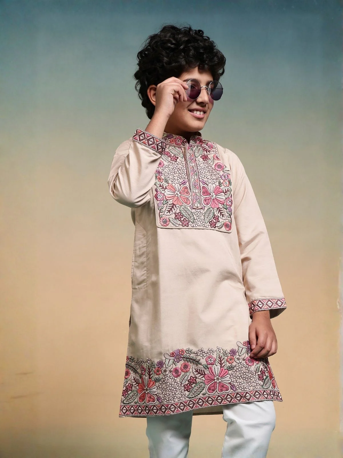 Odette Peach Viscose Silk Embroidered Stitched Kurta Set For Kids - Image 5