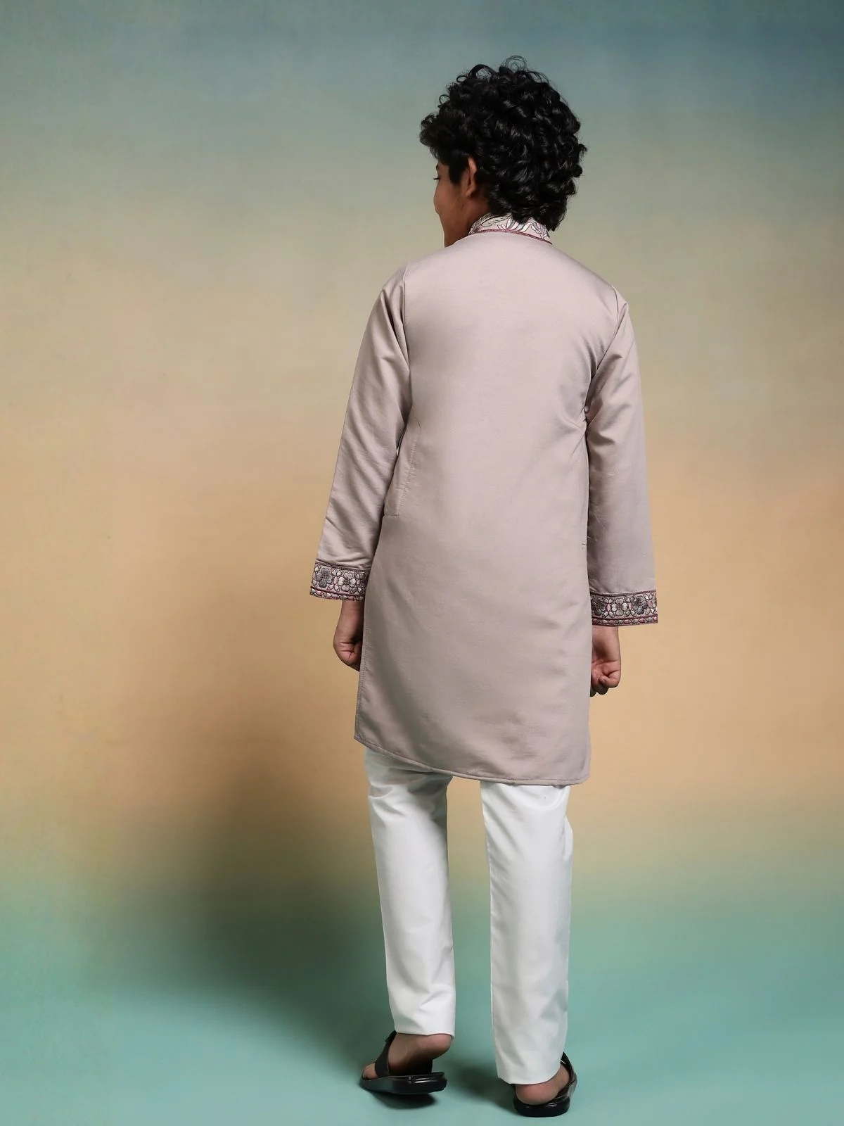 Odette Peach Viscose Silk Embroidered Stitched Kurta Set For Kids - Image 4