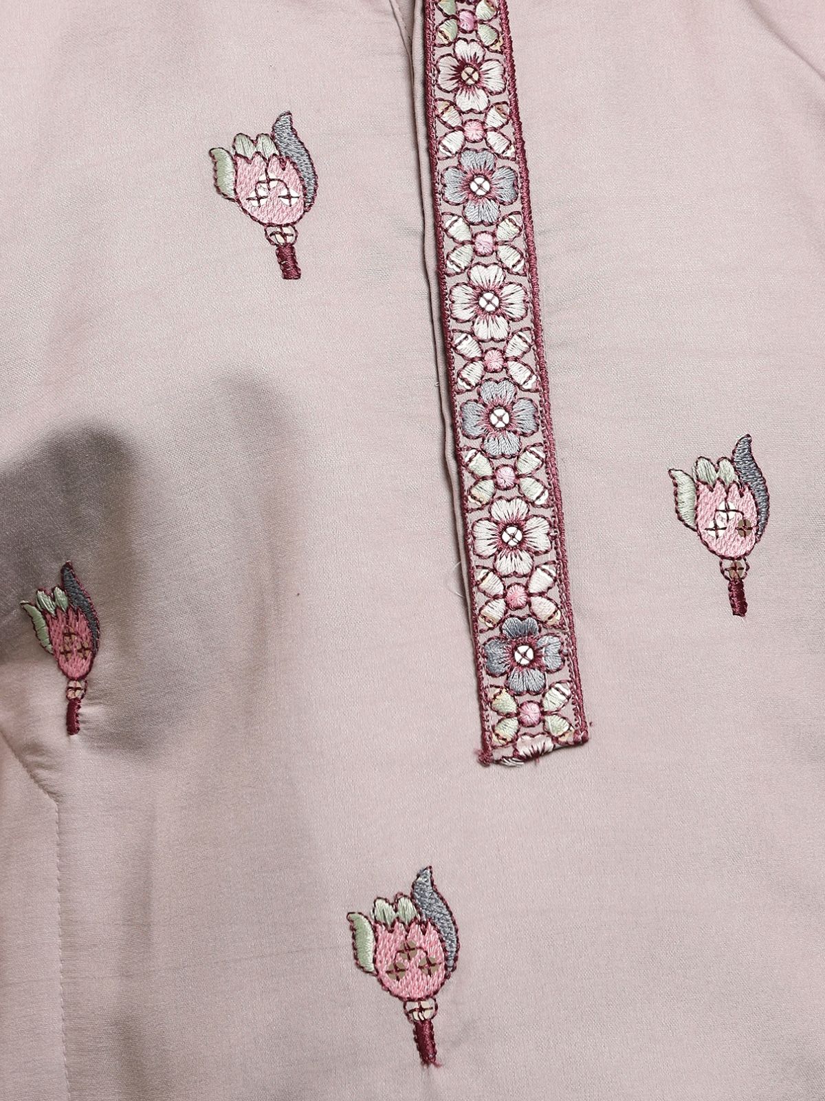 Odette Peach Viscose Silk Embroidered Stitched Kurta Set For Kids - Image 6