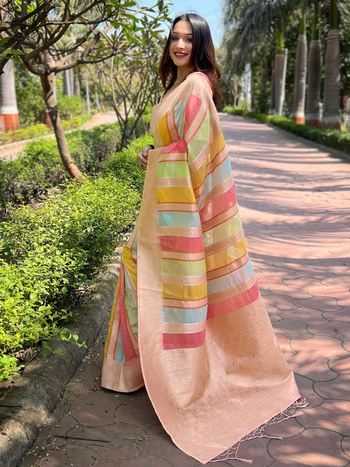 Odette Peach Woven Design Organza Saree With Unstitched Blouse For Women - Image 2