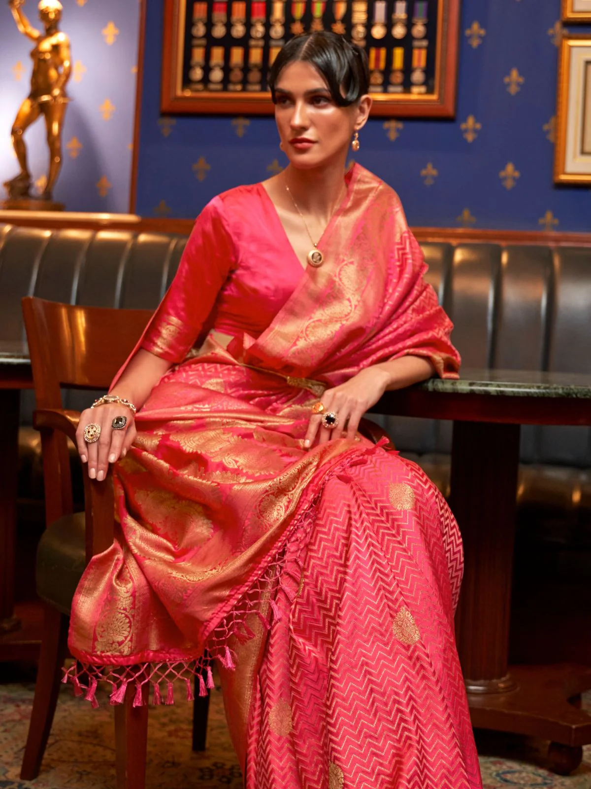 Odette Peach Woven Design Silk Blend Saree With Unstitched Blouse For Women - Image 2