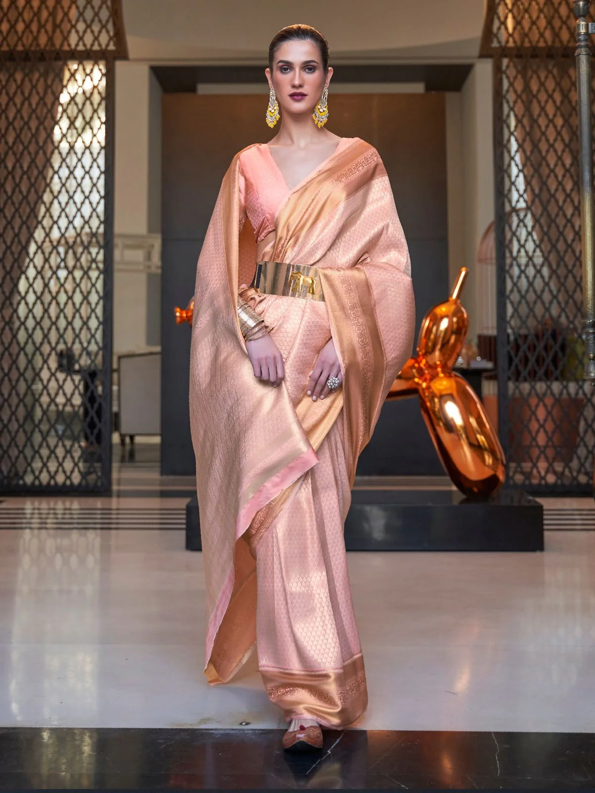 Odette Peach Woven Design Silk Blend Saree With Unstitched Blouse For Women - Image 2