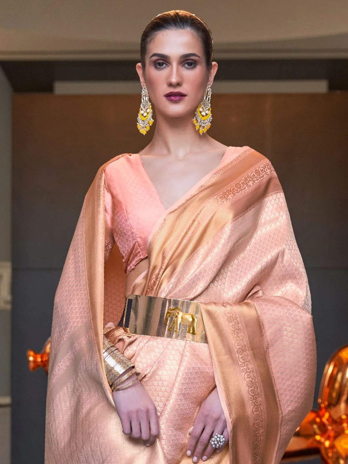 Odette Peach Woven Design Silk Blend Saree With Unstitched Blouse For Women - Image 3