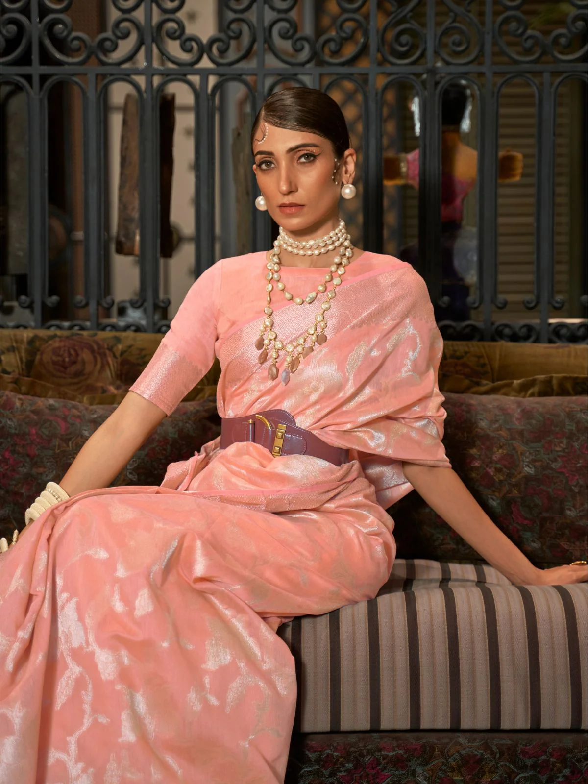 Odette Peach Woven Design Silk Blend Saree With Unstitched Blouse For Women - Image 2