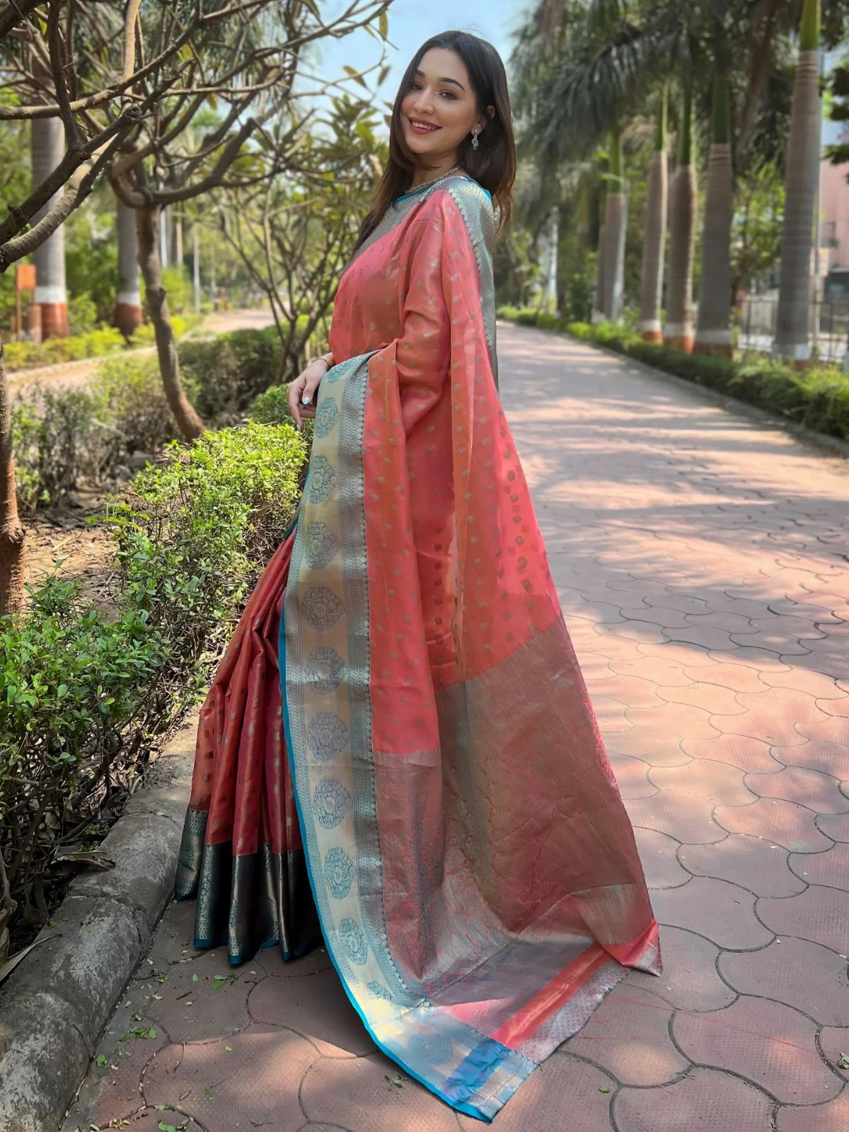 Odette Peach Woven Design Tissue Silk Saree With Unstitched Blouse For Women - Image 2