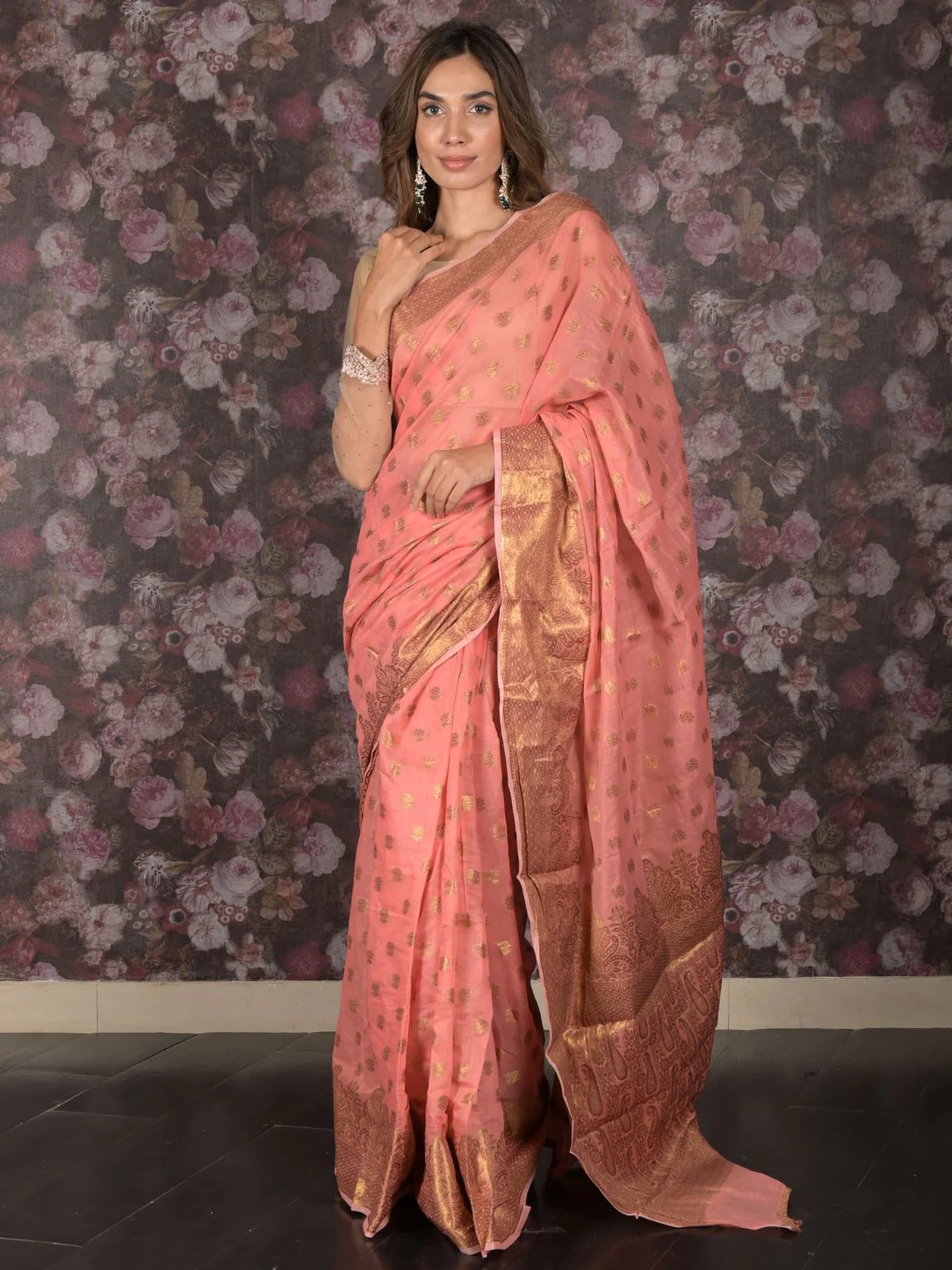 Odette Peach Woven Silk Blend Saree With Unstitched Blouse For Women - Image 3