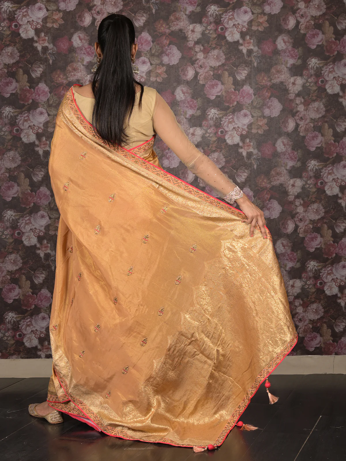 Odette Peach Zari and Stone Embroidered Crepe Saree with Unstitched Blouse for Women - Image 4