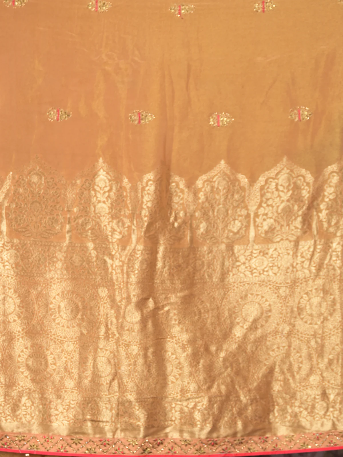 Odette Peach Zari and Stone Embroidered Crepe Saree with Unstitched Blouse for Women - Image 5