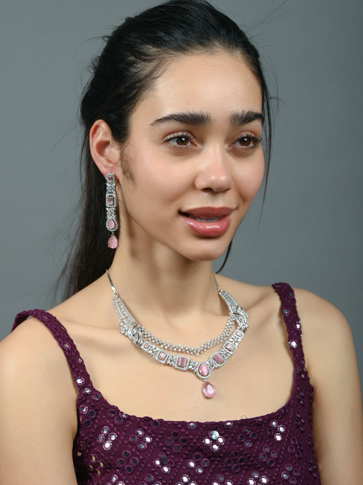 Odette Pink Alloy Embellished Jewellery Set For Women - Image 2
