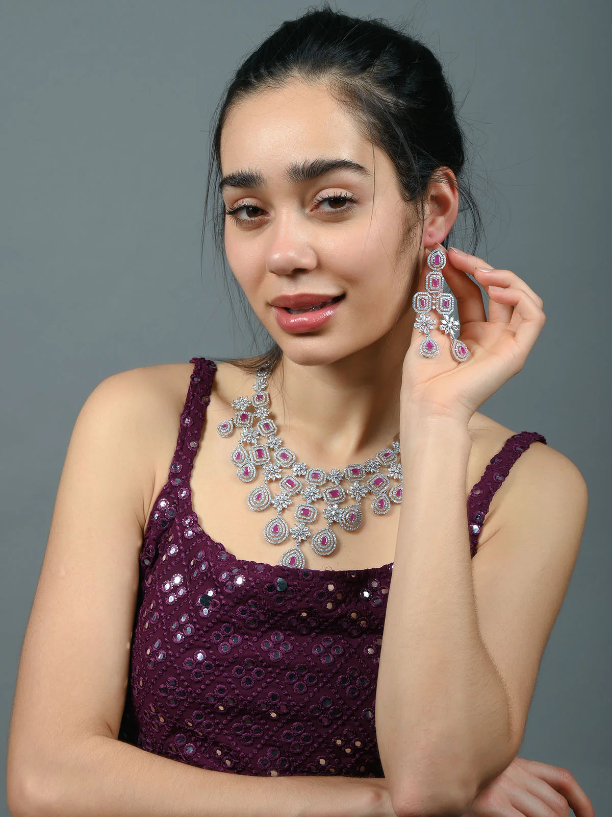 Odette Pink Alloy Embellished Jewellery Set For Women - Image 2