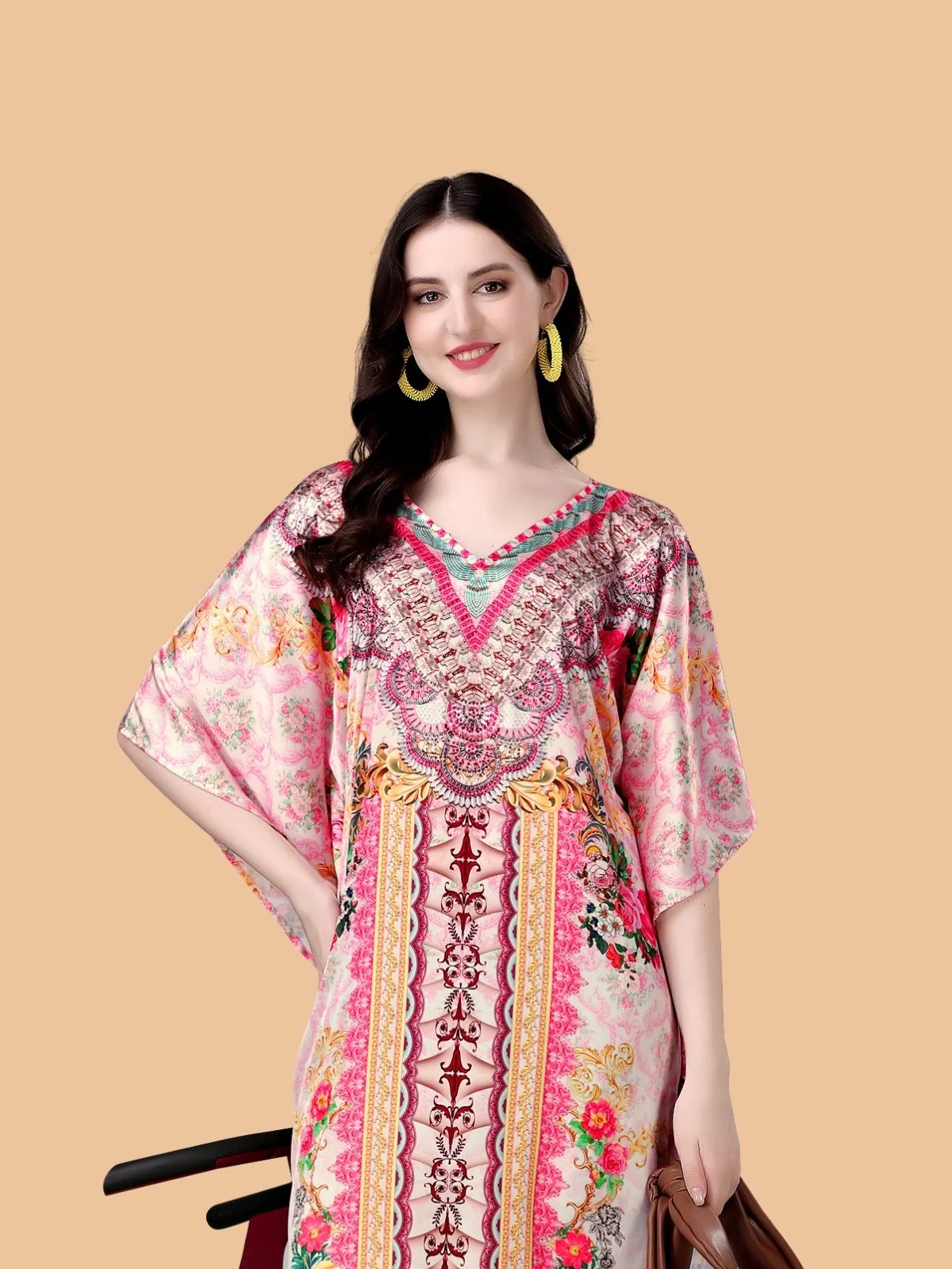 Odette Pink And Beige Satin Printed Kaftan For Women - Image 4