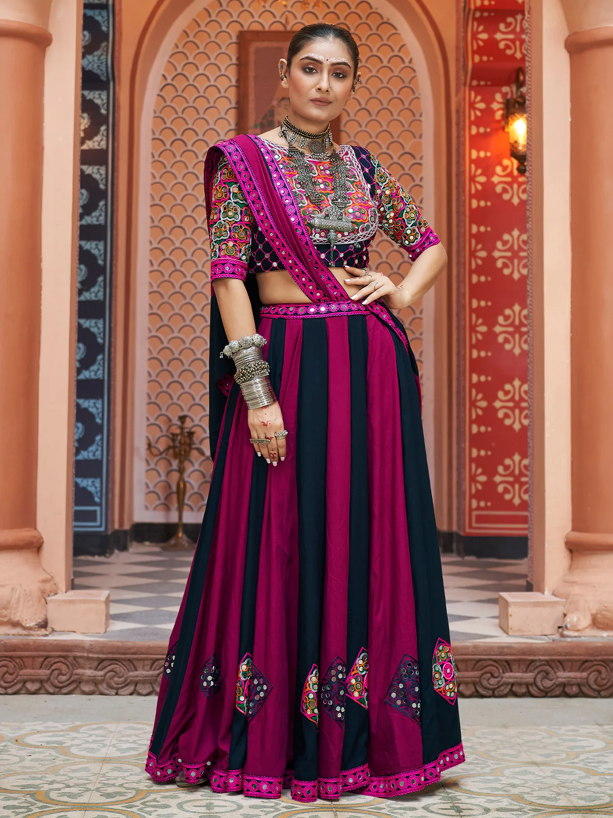 Odette Pink And Blue Rayon Embroidered Stitched Lehenga With Blouse For Women - Image 2