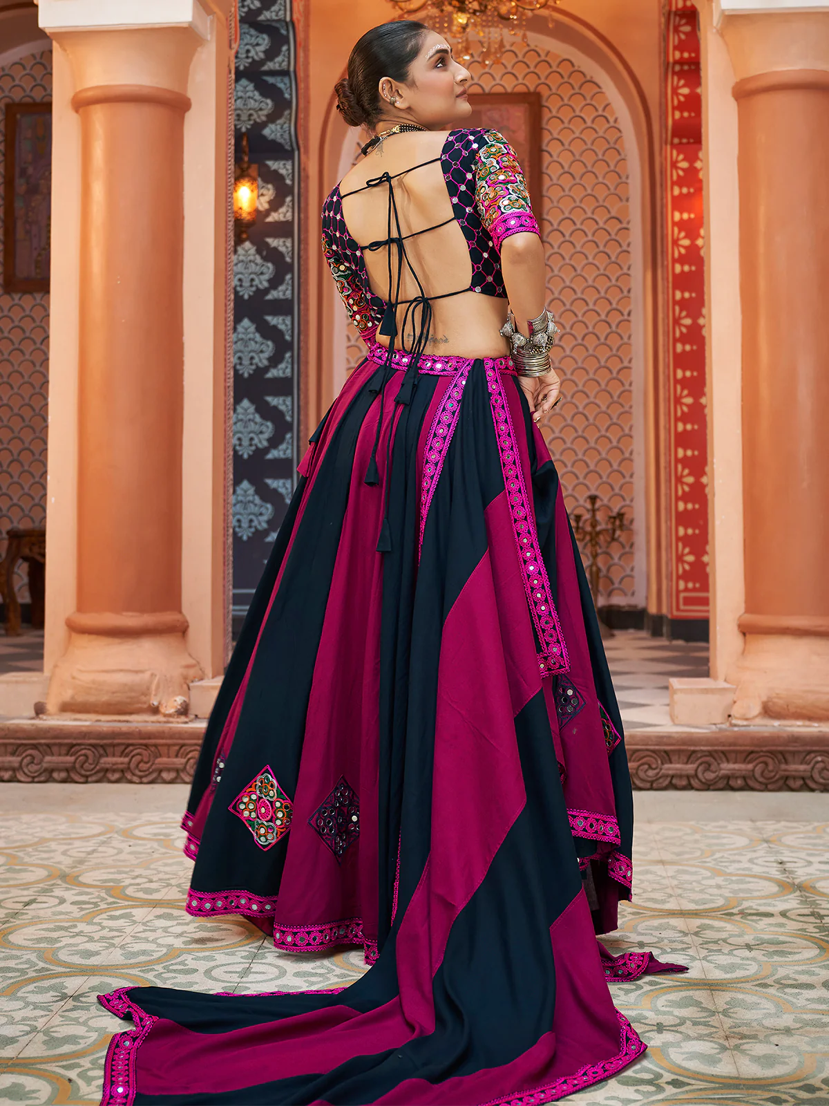 Odette Pink And Blue Rayon Embroidered Stitched Lehenga With Blouse For Women - Image 3