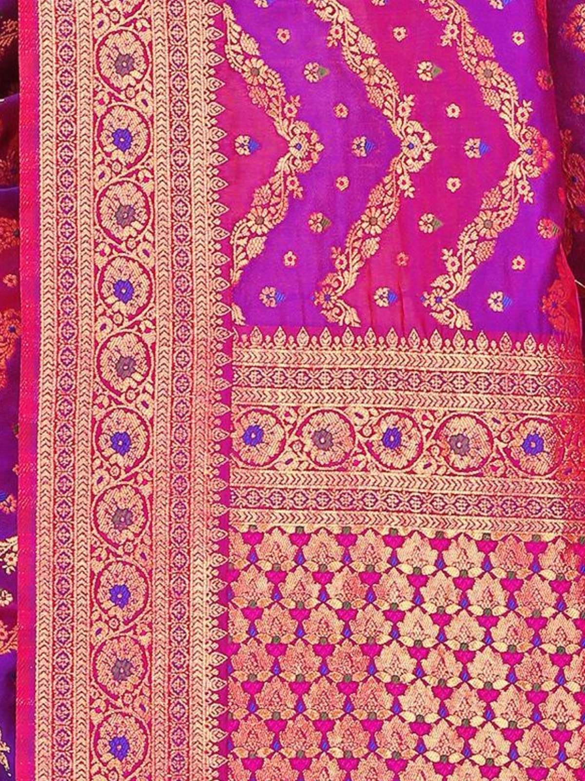 Odette Pink And Blue Woven Banarasi Silk Saree With Unstitched Blouse for Women - Image 6