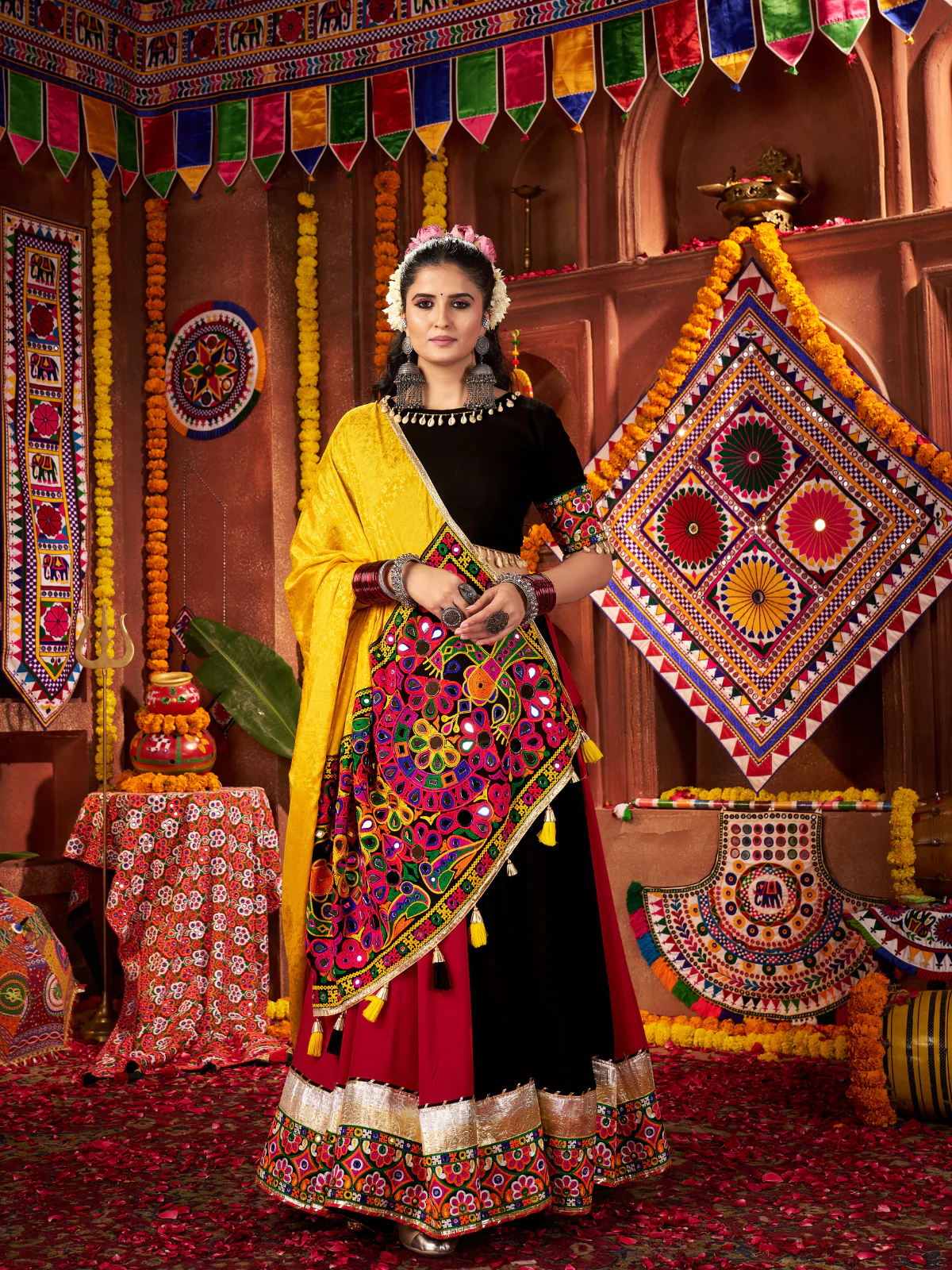 Odette Pink And Brown Cotton Blend Embroidered Semi-Stitched lehenga For Women
