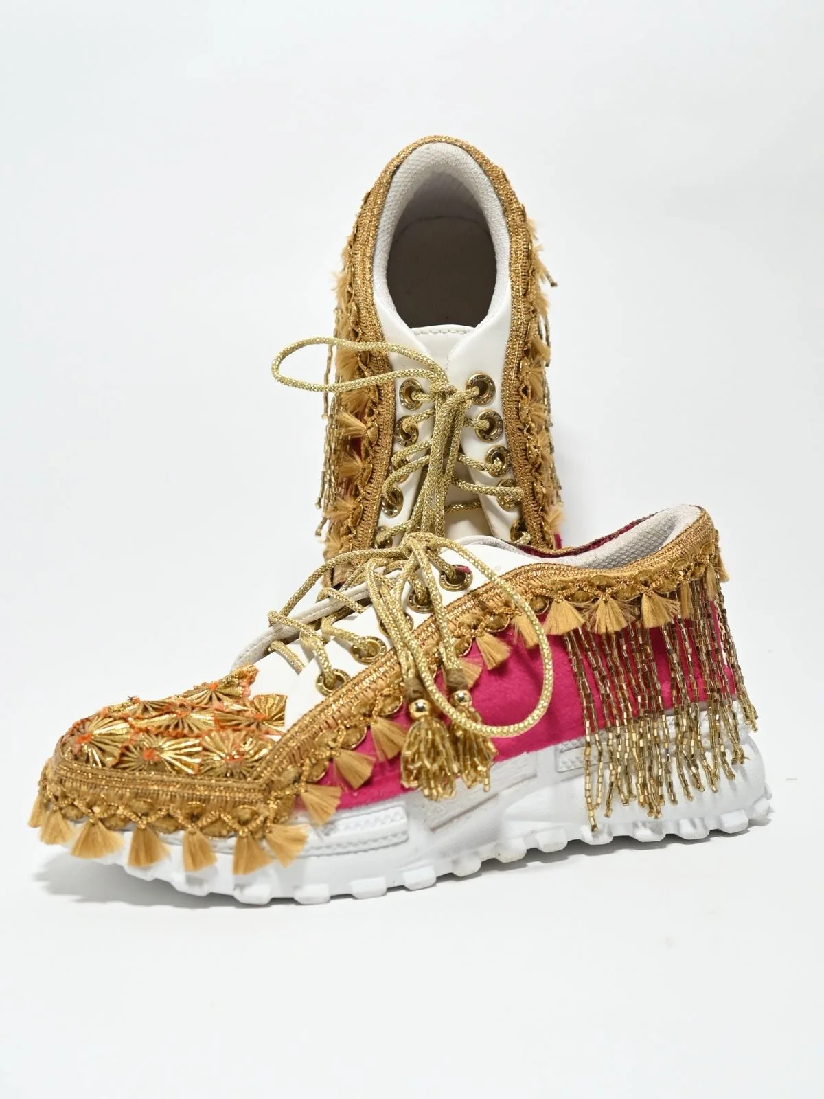 Odette Pink And Golden PU Embellished Shoes For Women - Image 3