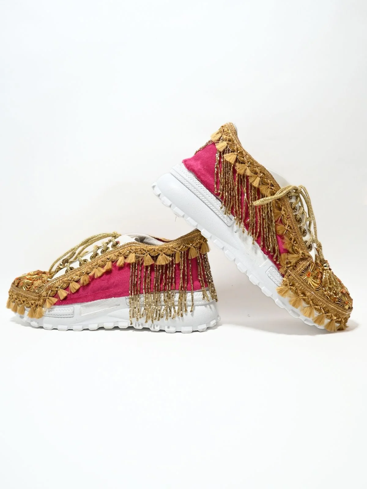 Odette Pink And Golden PU Embellished Shoes For Women - Image 5