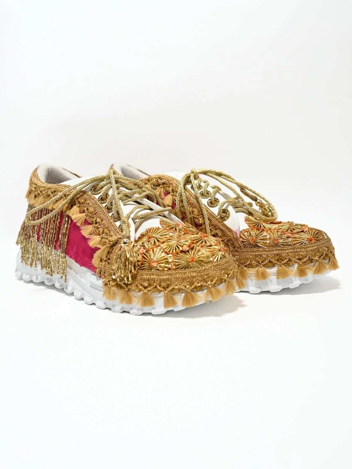 Odette Pink And Golden PU Embellished Shoes For Women - Image 6
