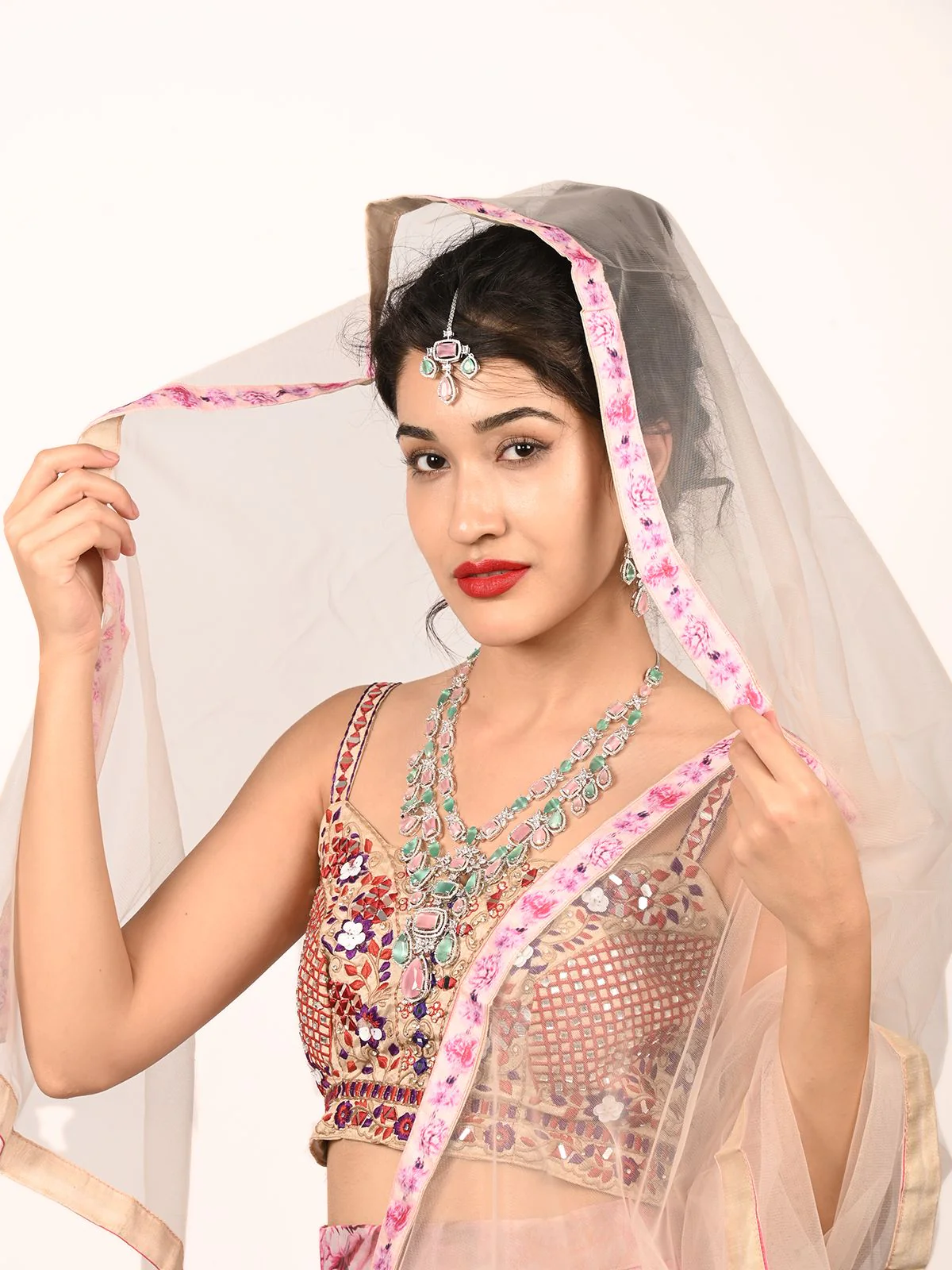Odette Pink And Green Alloy Embellished Jewellery Set For Women