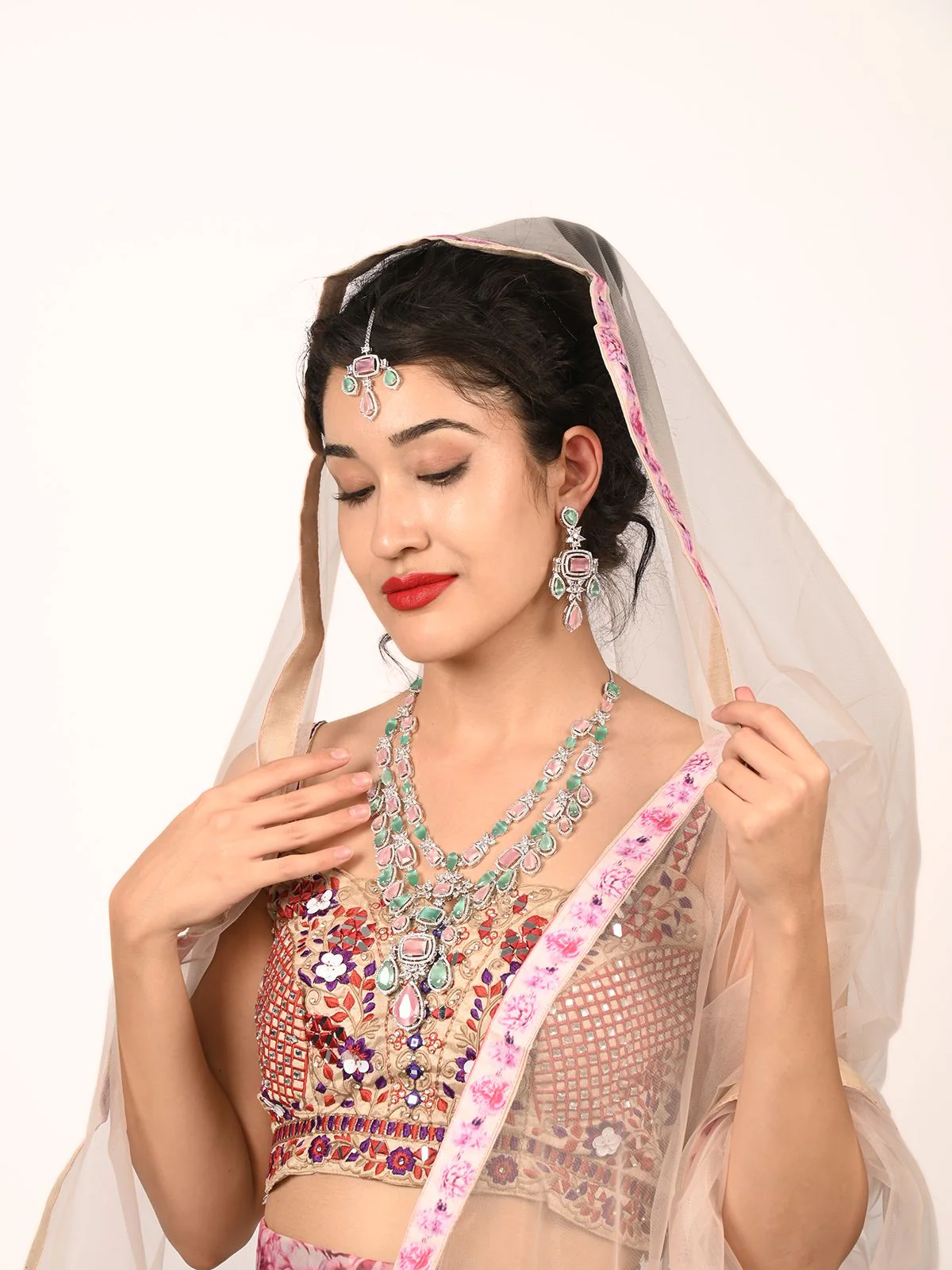 Odette Pink And Green Alloy Embellished Jewellery Set For Women - Image 2