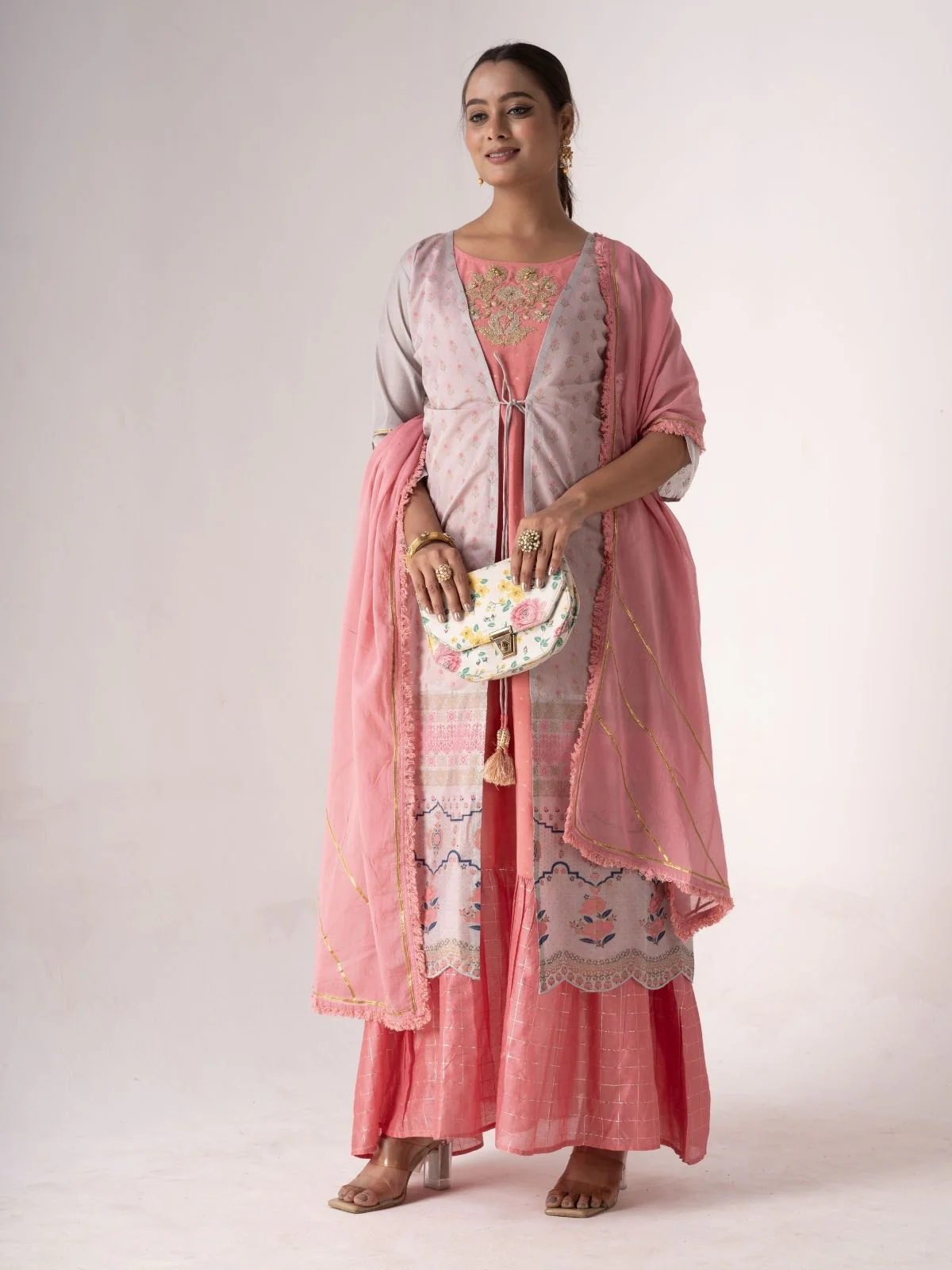 Odette Pink And Lavender Art Silk Printed And Embroidered Semi-Stitched Kurta Set For Women - Image 2