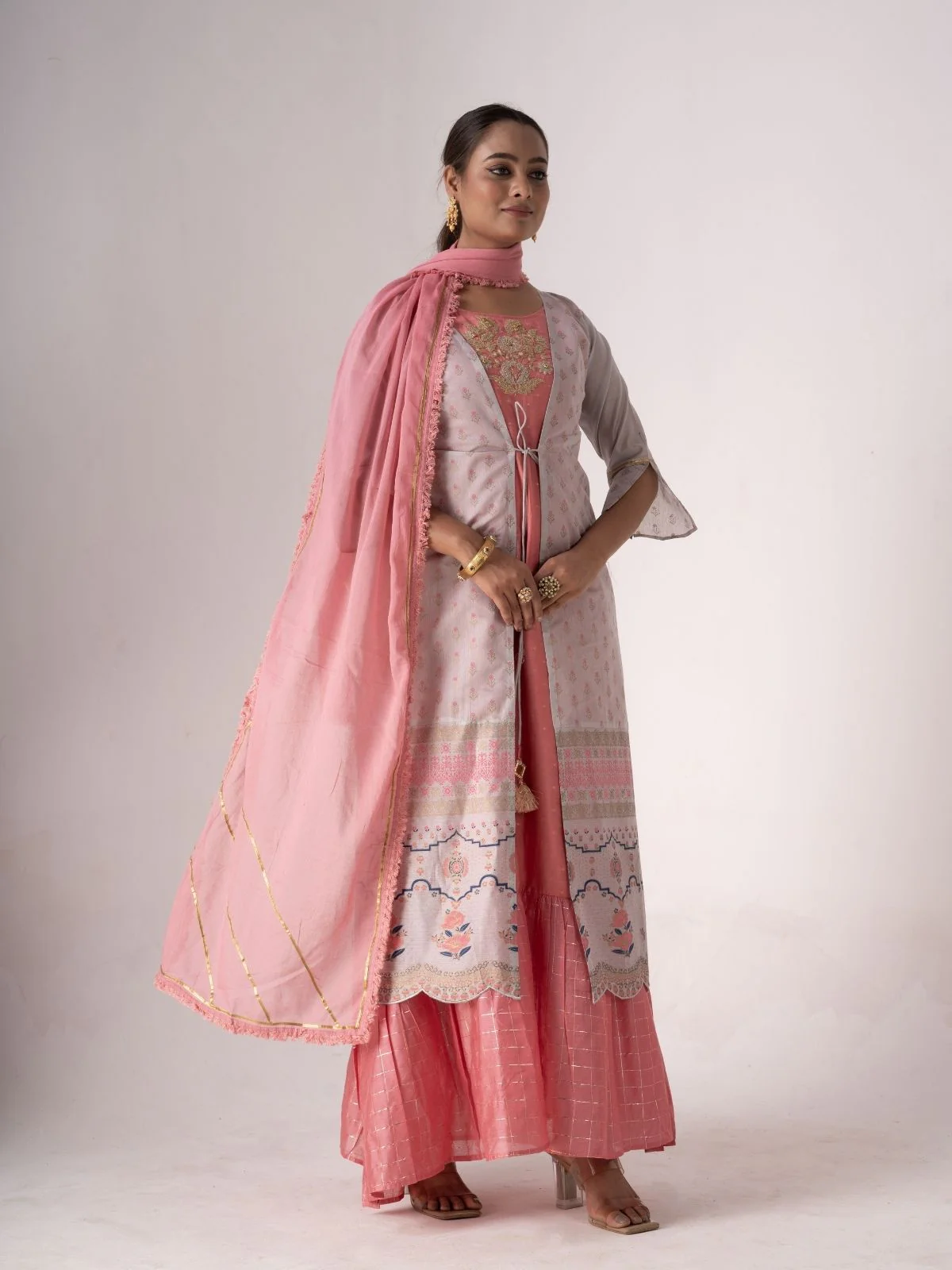Odette Pink And Lavender Art Silk Printed And Embroidered Semi-Stitched Kurta Set For Women - Image 3