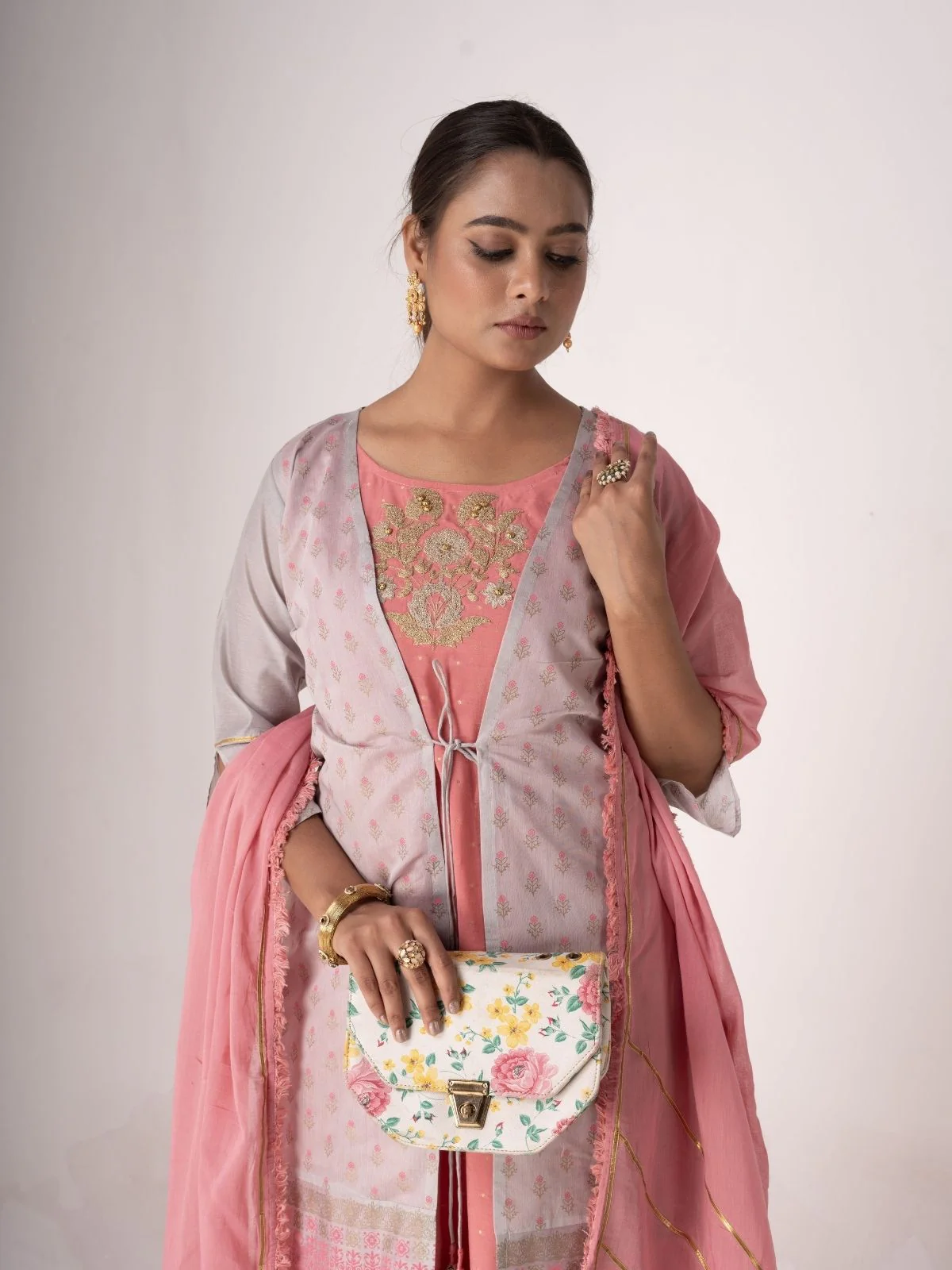 Odette Pink And Lavender Art Silk Printed And Embroidered Semi-Stitched Kurta Set For Women - Image 4