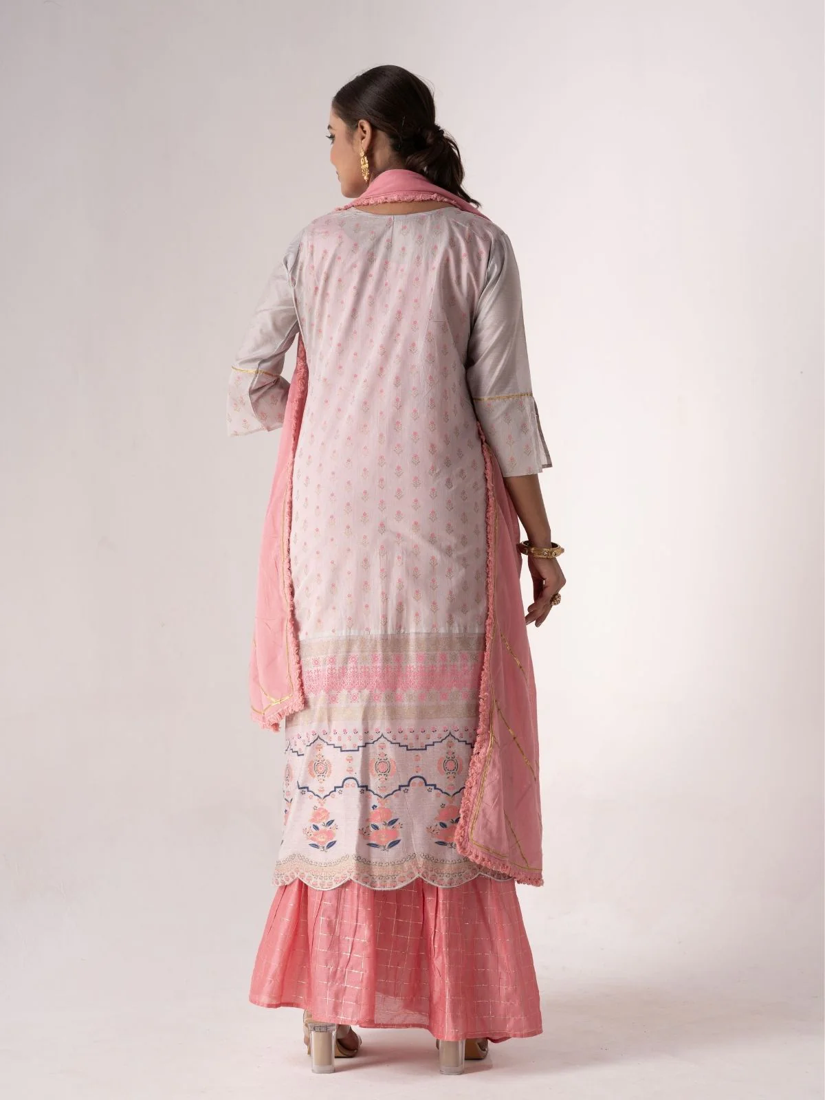 Odette Pink And Lavender Art Silk Printed And Embroidered Semi-Stitched Kurta Set For Women - Image 5