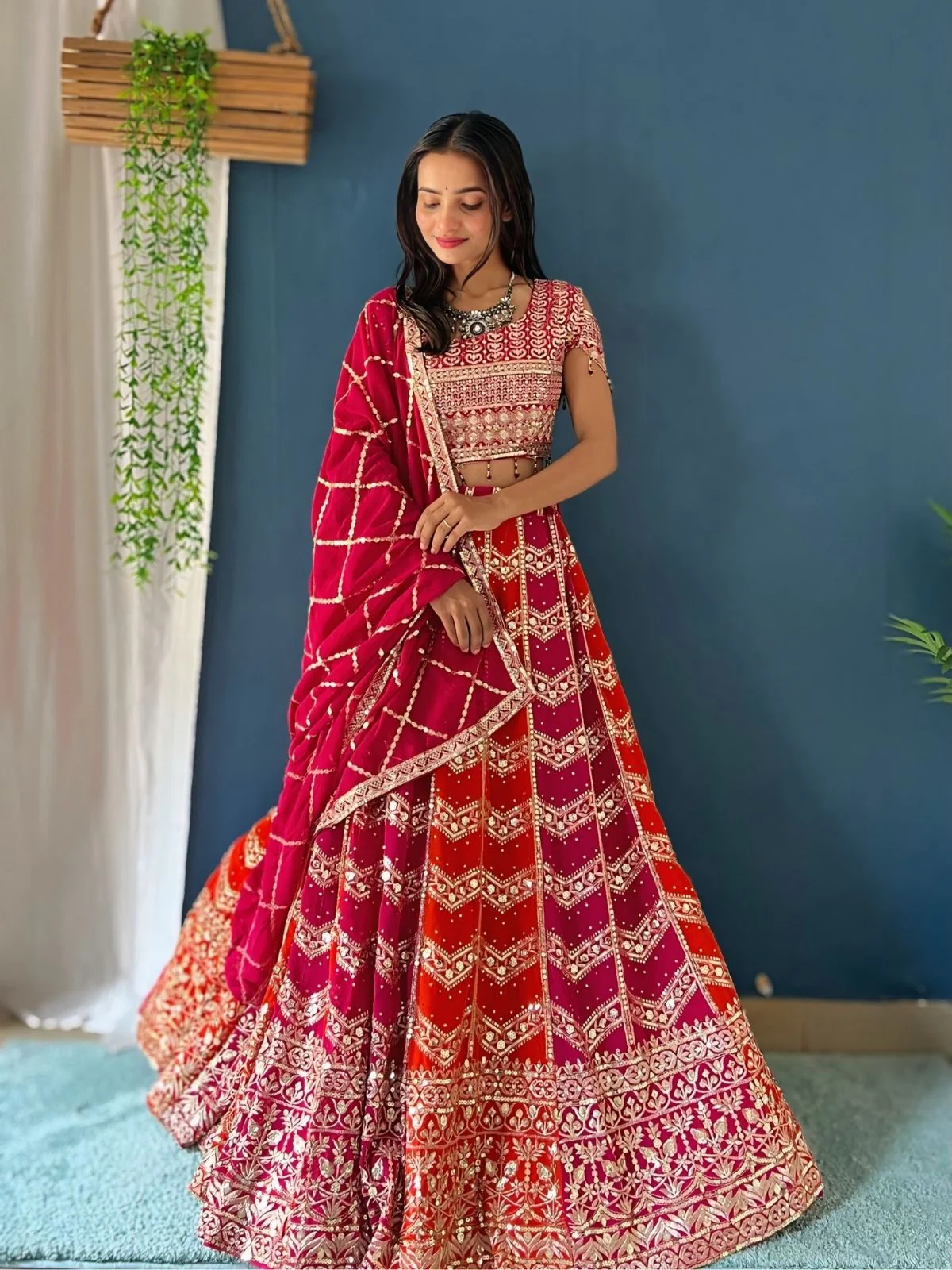 Odette Pink And Orange Georgette Embellished Semi-Stitched lehenga For Women - Image 2