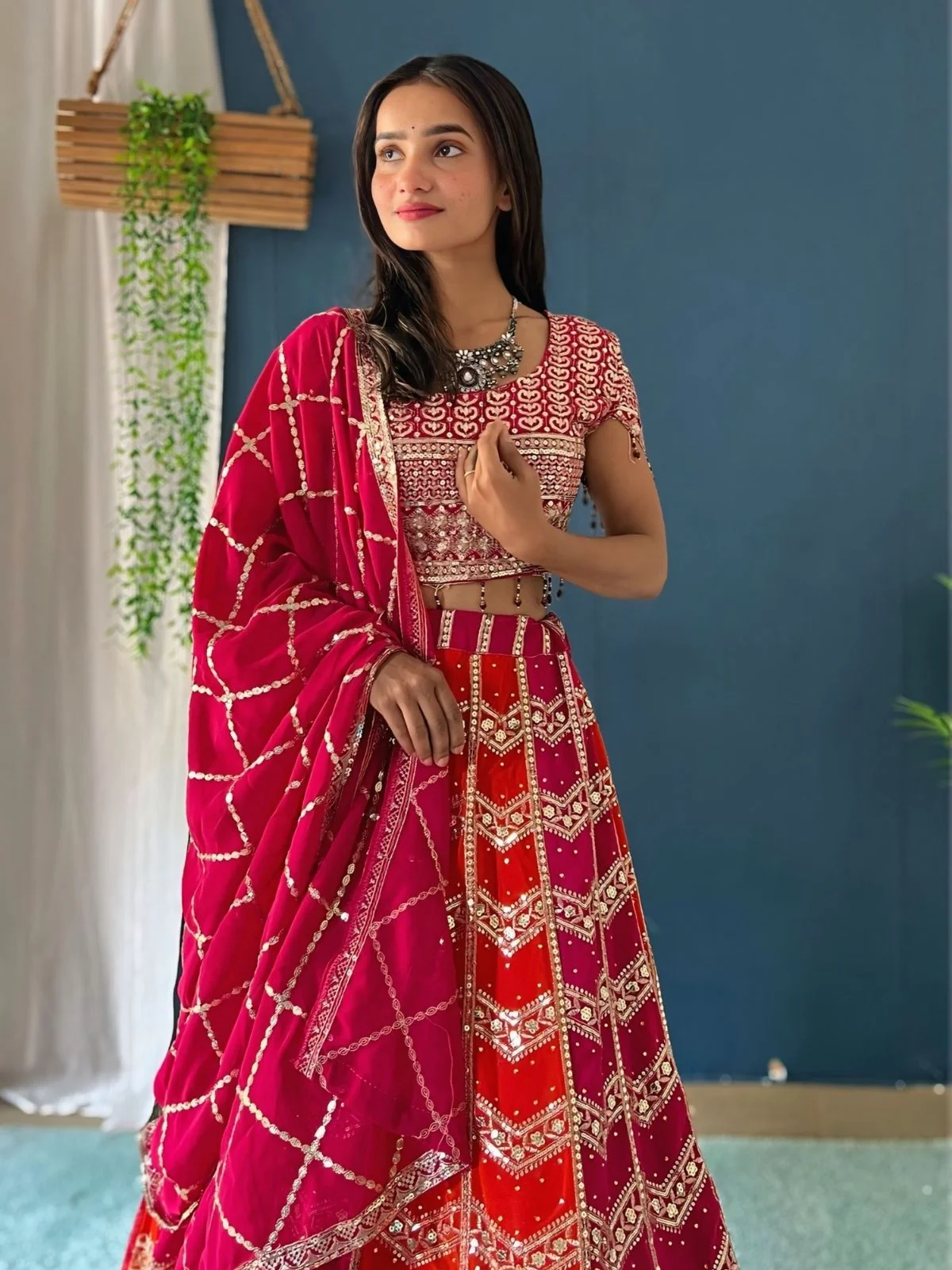 Odette Pink And Orange Georgette Embellished Semi-Stitched lehenga For Women - Image 4