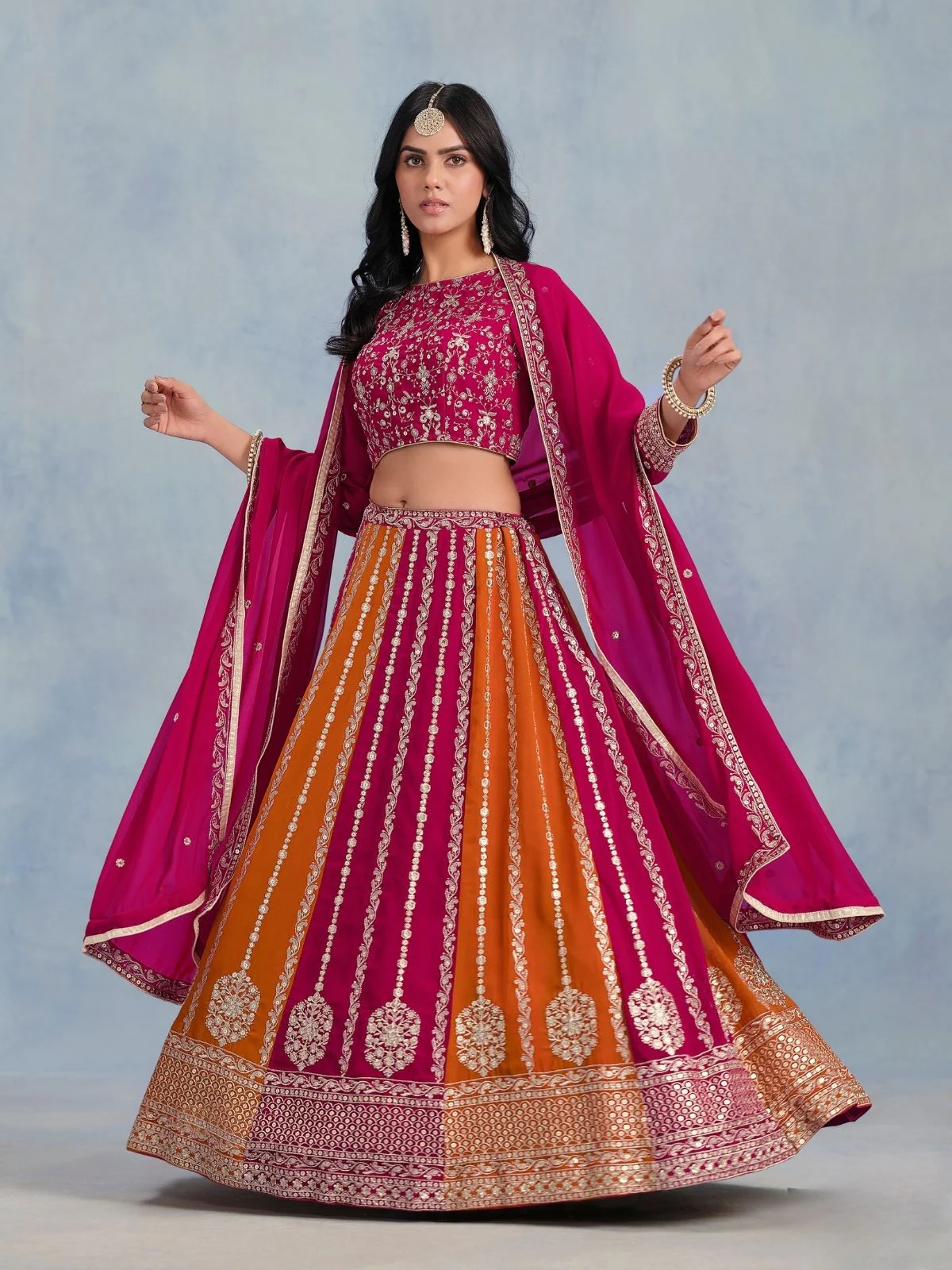 Odette Pink And Orange Georgette Embroidered Semi-Stitched lehenga For Women