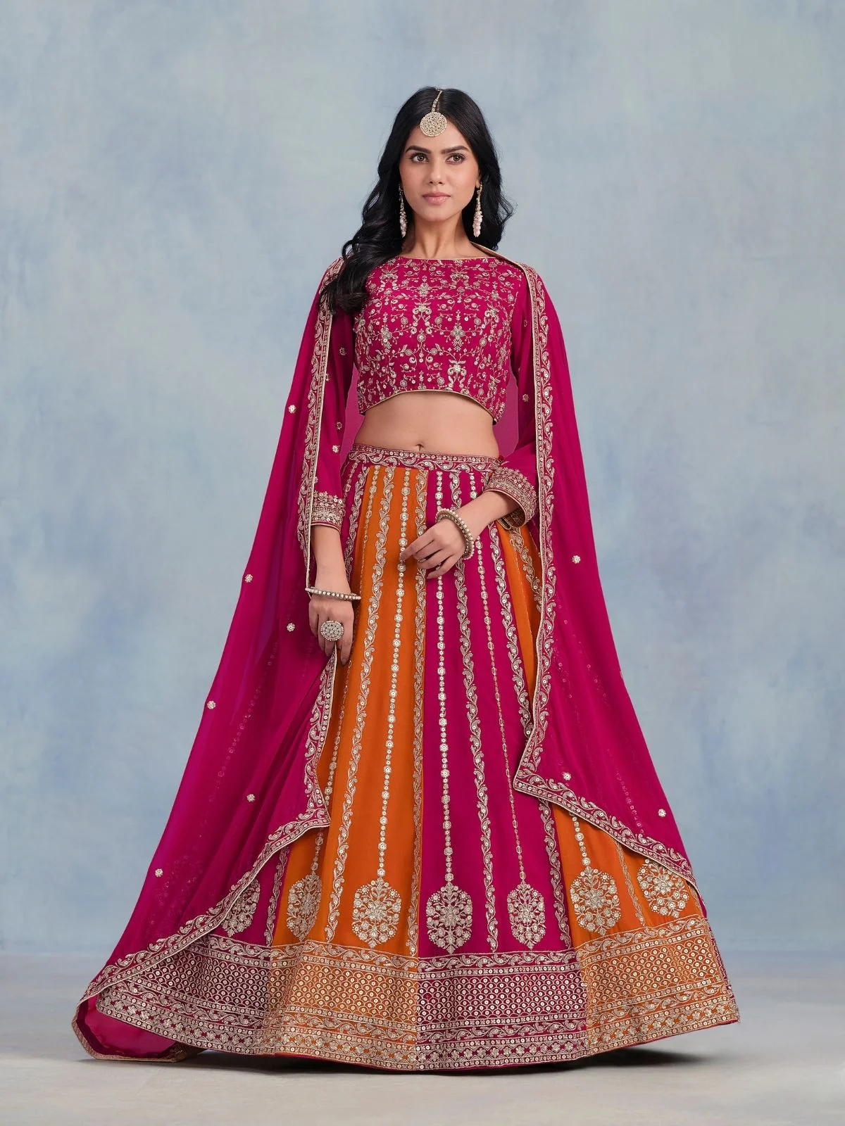 Odette Pink And Orange Georgette Embroidered Semi-Stitched lehenga For Women - Image 2