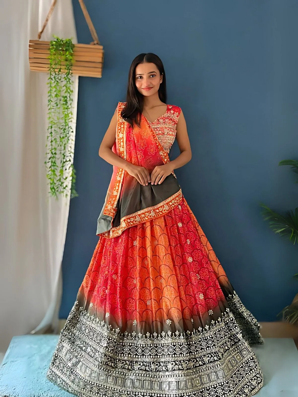 Odette Pink And Orange Silk Blend Embroidered Semi-Stitched lehenga For Women - Image 2