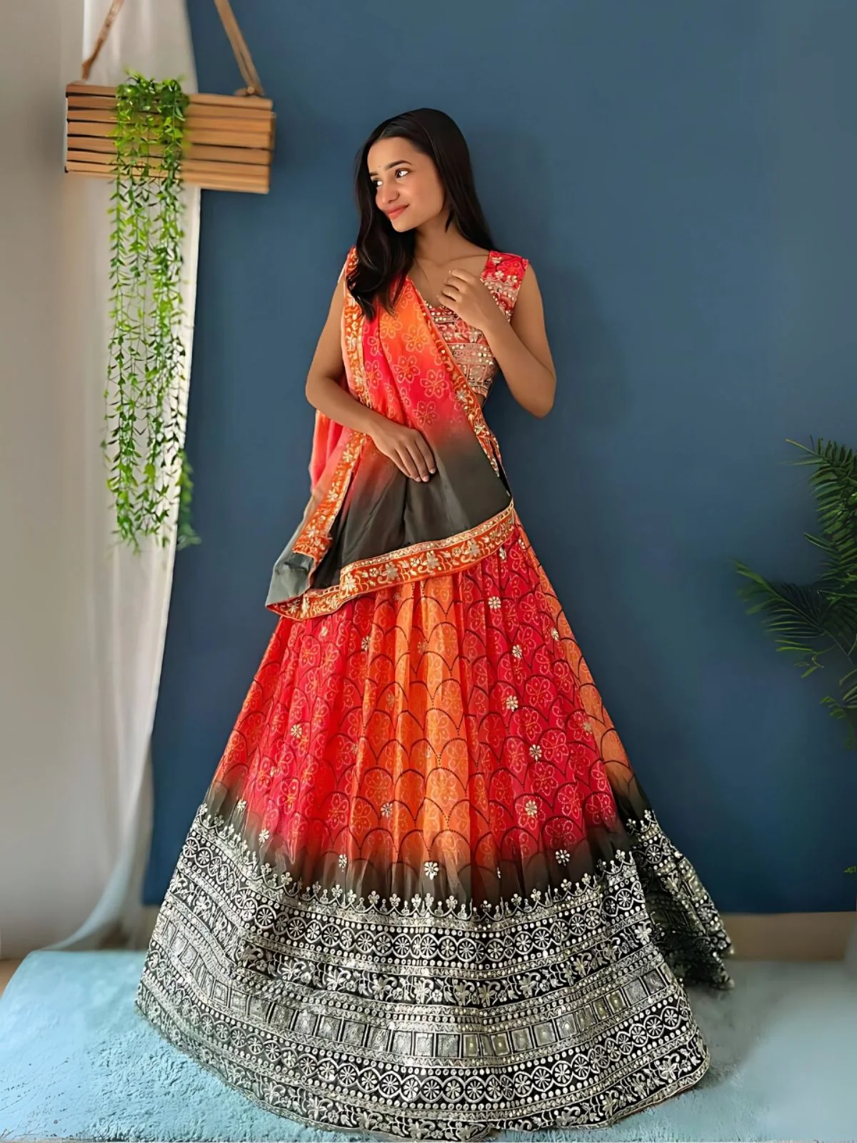 Odette Pink And Orange Silk Blend Embroidered Semi-Stitched lehenga For Women - Image 3