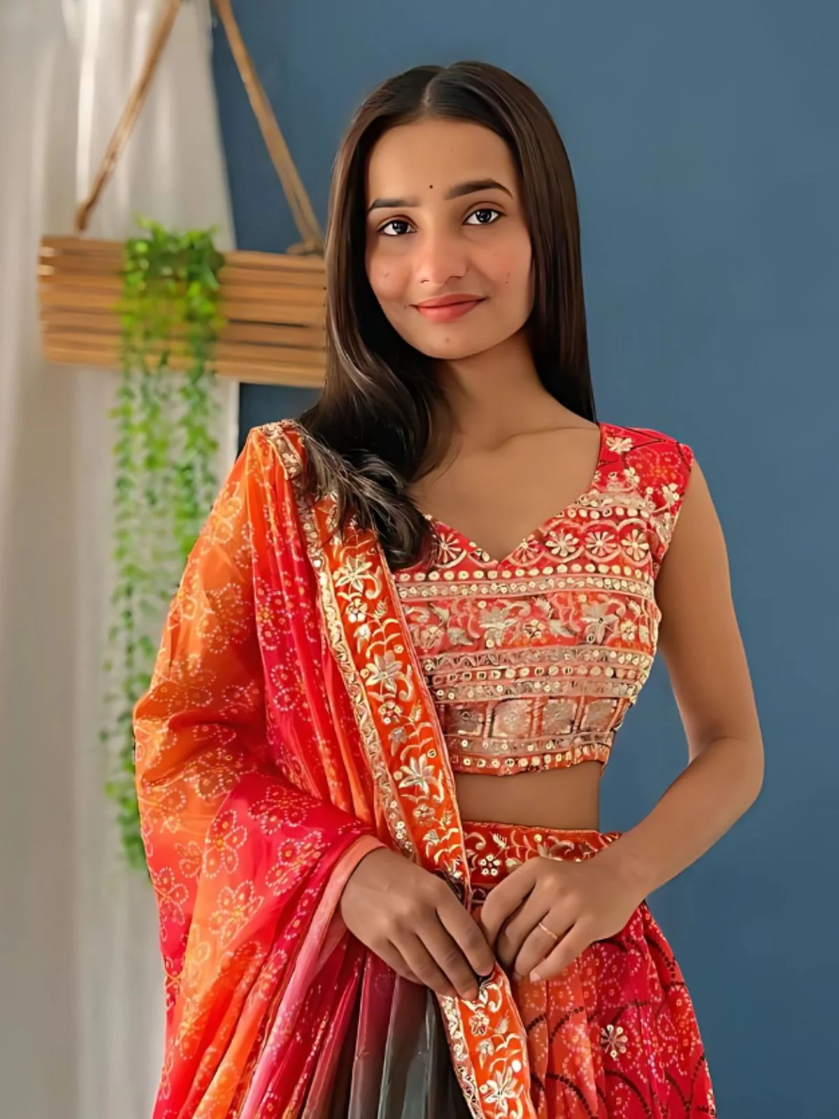 Odette Pink And Orange Silk Blend Embroidered Semi-Stitched lehenga For Women - Image 4