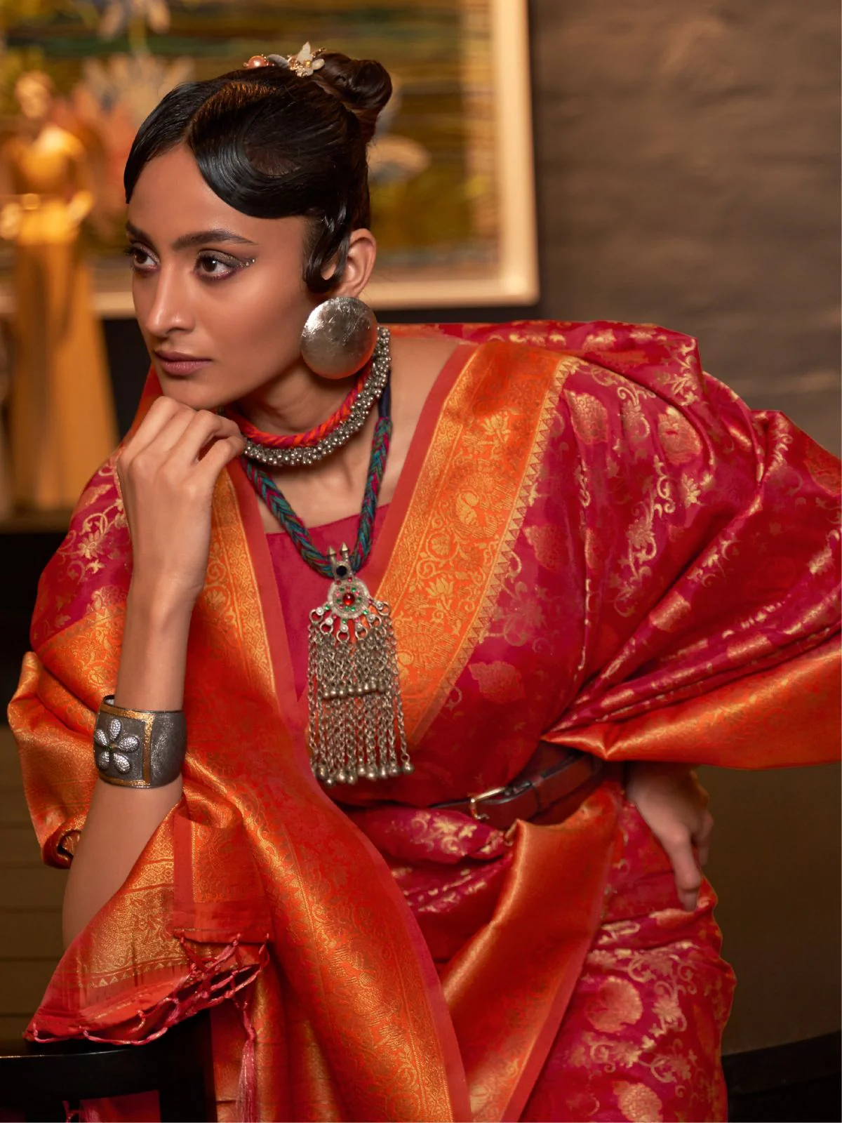 Odette Pink And Orange Woven Design Silk Blend Saree With Unstitched Blouse For Women - Image 2