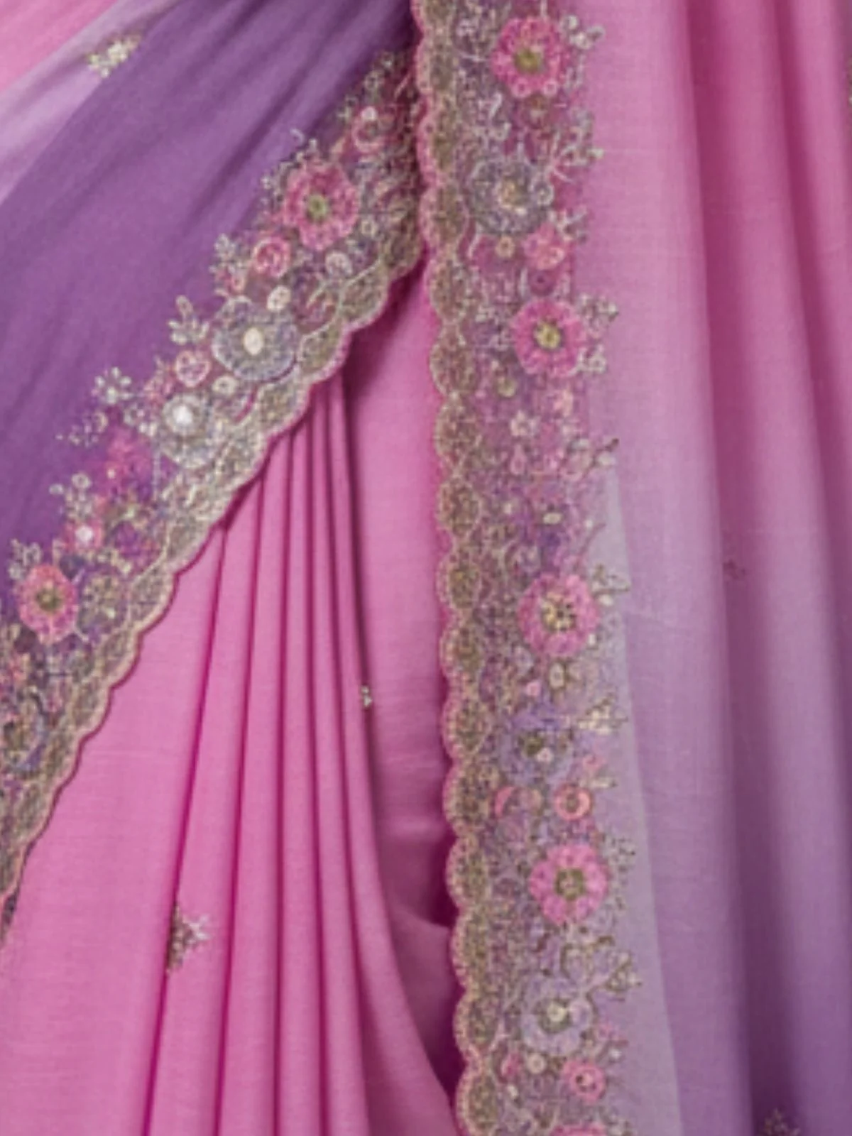 Odette Pink And Purple Georgette Embellished Solid Saree For Women - Image 3