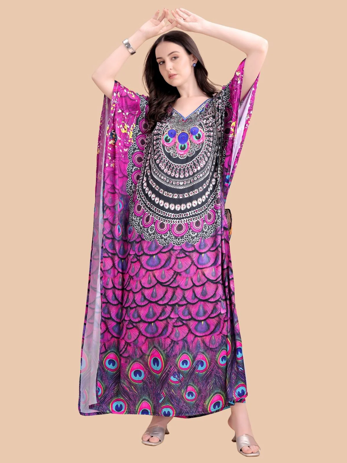 Odette Pink And Purple Satin Printed Kaftan For Women