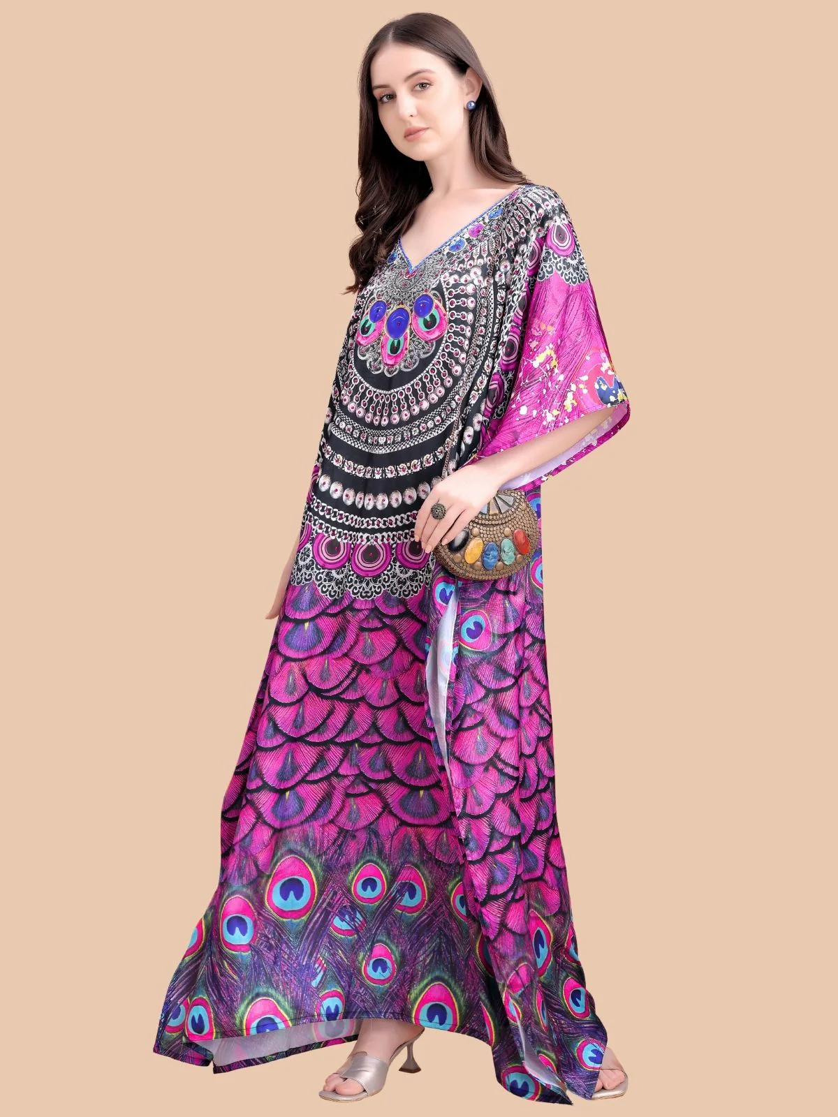 Odette Pink And Purple Satin Printed Kaftan For Women - Image 2