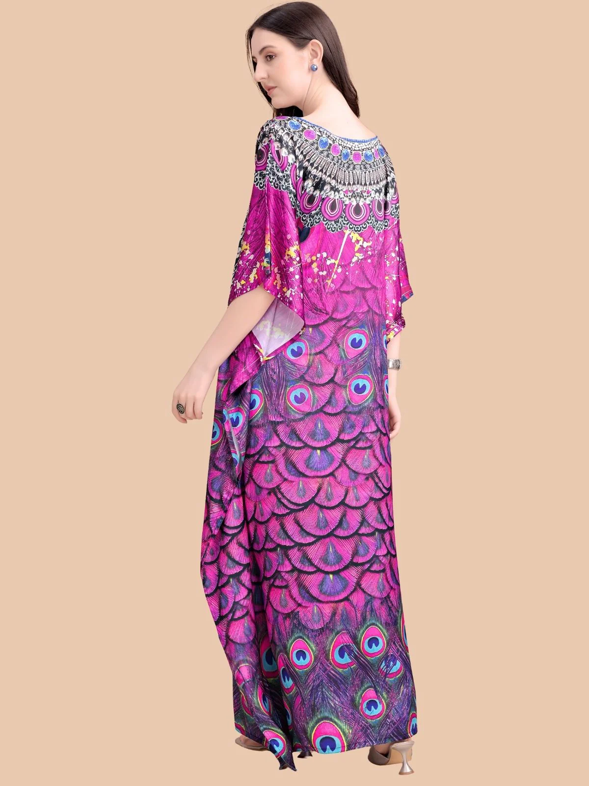 Odette Pink And Purple Satin Printed Kaftan For Women - Image 3