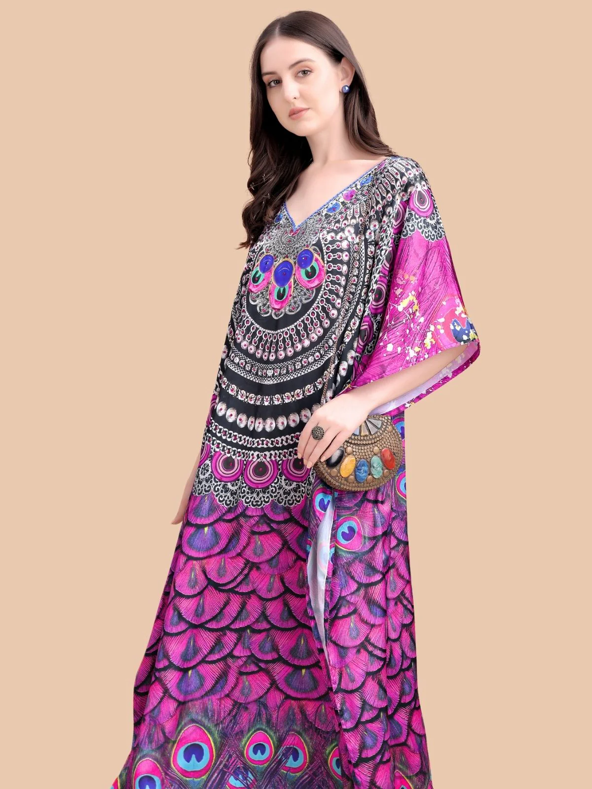 Odette Pink And Purple Satin Printed Kaftan For Women - Image 4